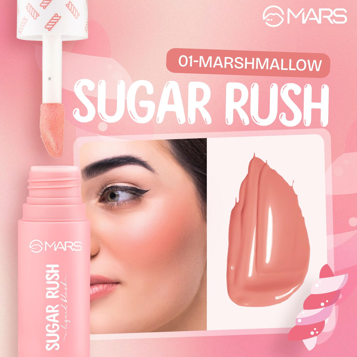 MARS Sugar Rush Liquid Blush (01-MARSH MALLOW) | High-Pigmentation | Lightweight Formula | Dewy Matte Finish | Long-Lasting | Smooth Radiant Glow | Easy Doe-Foot Applicator (4.5ml)