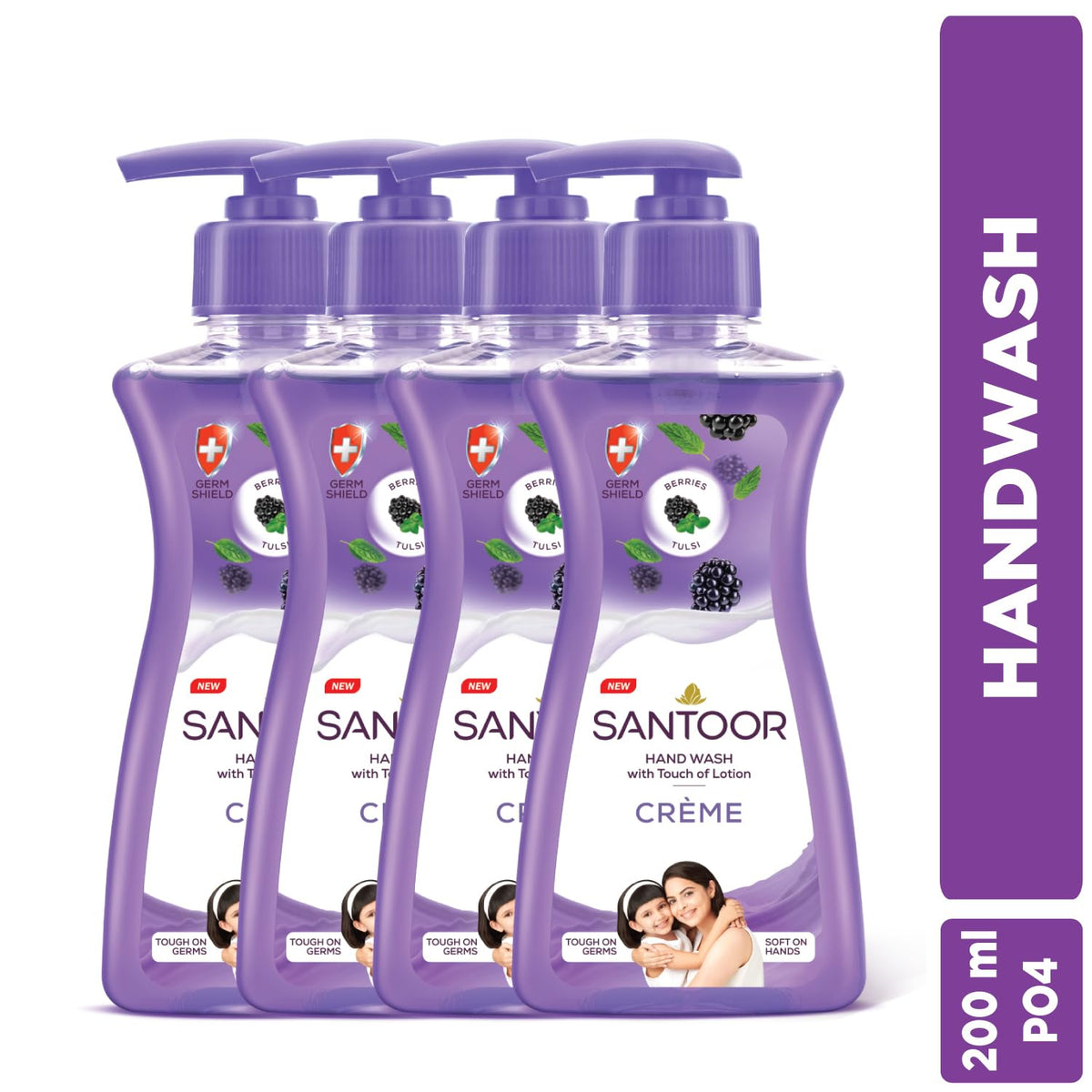 Santoor Crème Handwash 200ml, Pack of 4 with Touch of Lotion| Made with Berries & Tulsi| Rich Lathering Formula with Anti-Bacterial Properties| Soft on Hands| S