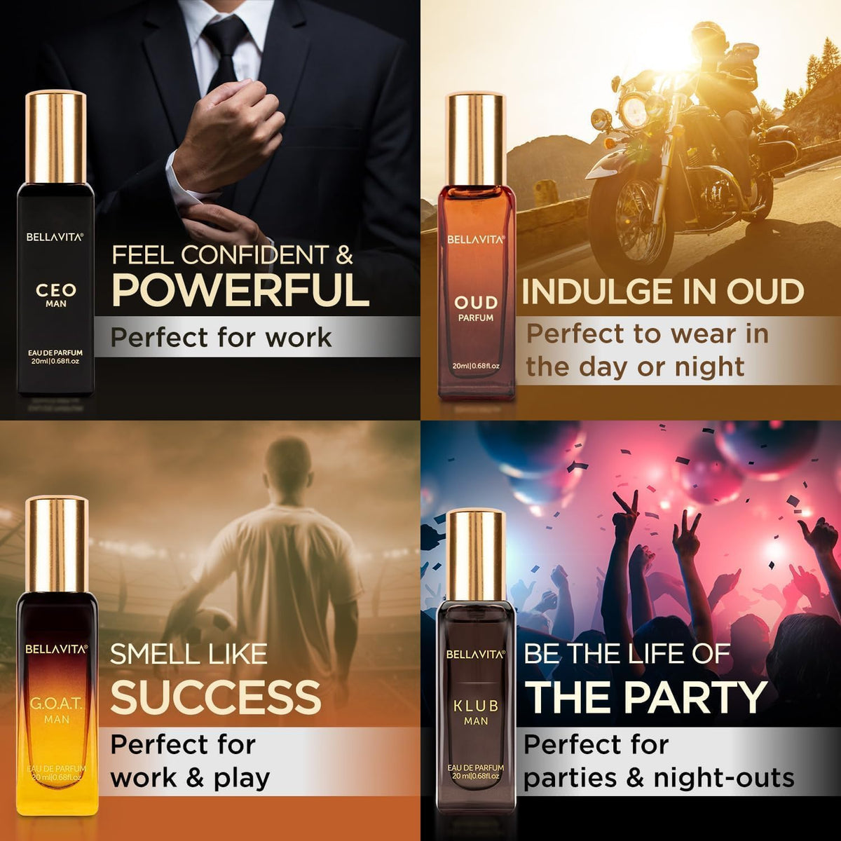 Bella Vita Luxury Man | Long Lasting Liquid Eau De Parfum Gift Set 4 X 20 Ml Perfume For Men | With Klub, Oud, CEO, G.O.A.T | Woody, Citrusy Premium Fragrance S