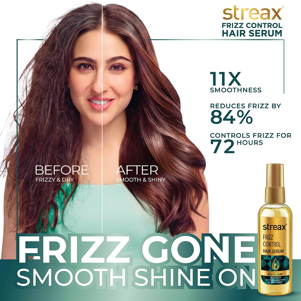 Streax Frizz Control Hair Serum for Dry Frizzy Hair- 100 ml, 72hrs Frizz Free Hair, For Women & Men, With Bio – Elixir, 84% Frizz Reduction & 11X smoothness 100