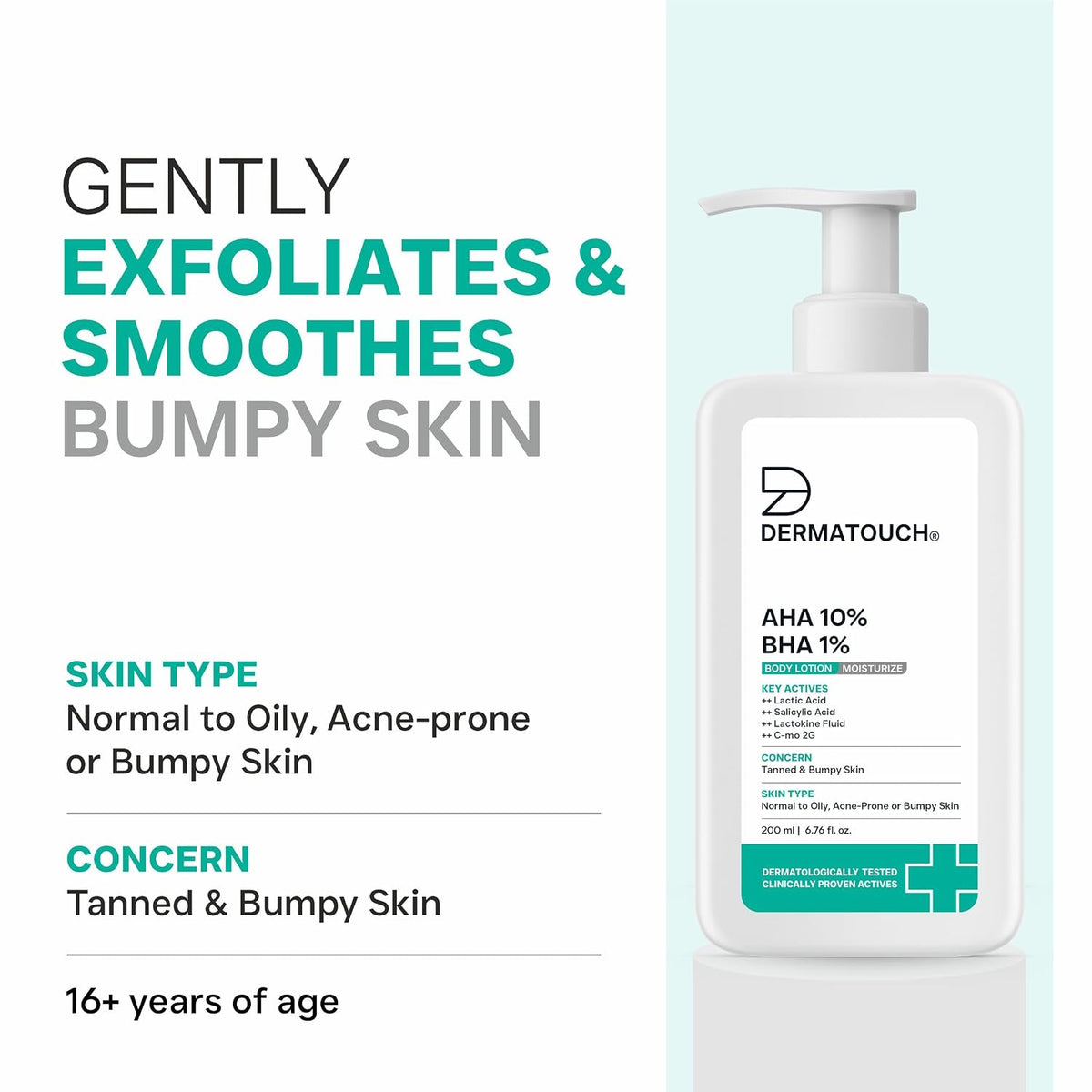 DERMATOUCH AHA 10% BHA 1% Body Lotion For Men and Women | Body lotion For Dry Skin – De-tan, Moisturizing & Bumpy Skin | Suitable For All Skin Types | 200ml 200