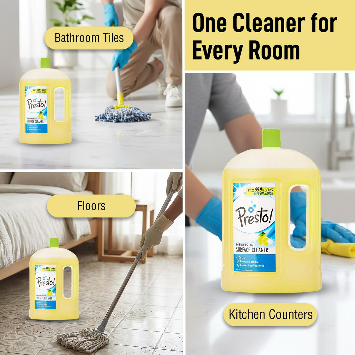 Amazon Brand - Presto! Disinfectant Surface & Floor Cleaner Liquid | Citrus | 2 Litre | 1 Can | Kills 99.9% Germs | Removes Stains | Safe on Hands Floor Cleaner