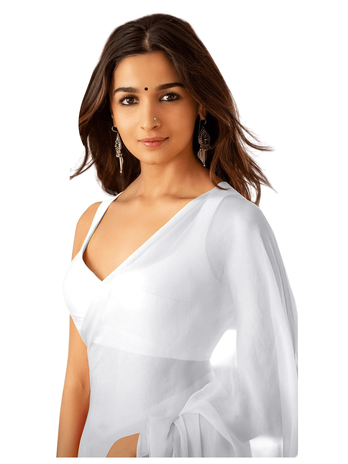 Women's Plain Pure Georgette Saree With Unstitched Blouse Piece (Rocky Rani Plain) White