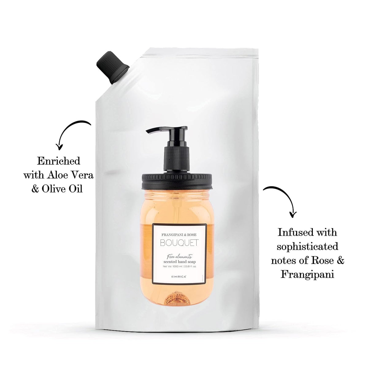 Kimirica Bouquet Foaming Liquid Hand Wash Refill Pack with Goodness of Frangipani and Rose, 100% Vegan & Paraben Free Moisturizing Hand Wash | Soft on Hands (1L