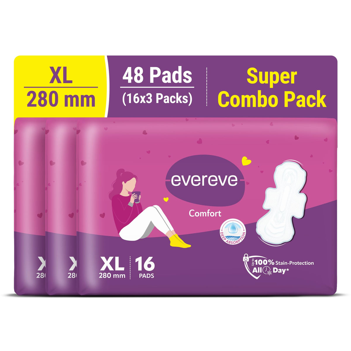 Evereve Comfort Sanitary Pads for Women, XL 280mm, Thick Soft Fabric, Breathable Rash Free-Wear, Deep Absorption, Long Lasting Comfort, All Day Freshness, Best