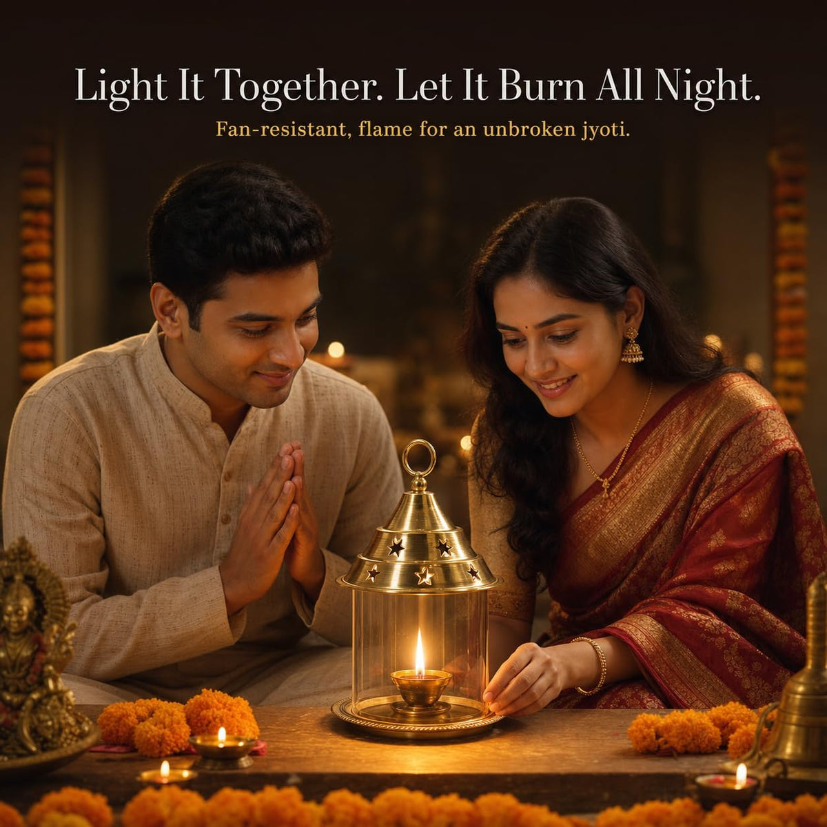 Akhand Diya for Pooja & Diwali, 8.5 Inch Brass with Glass Cover