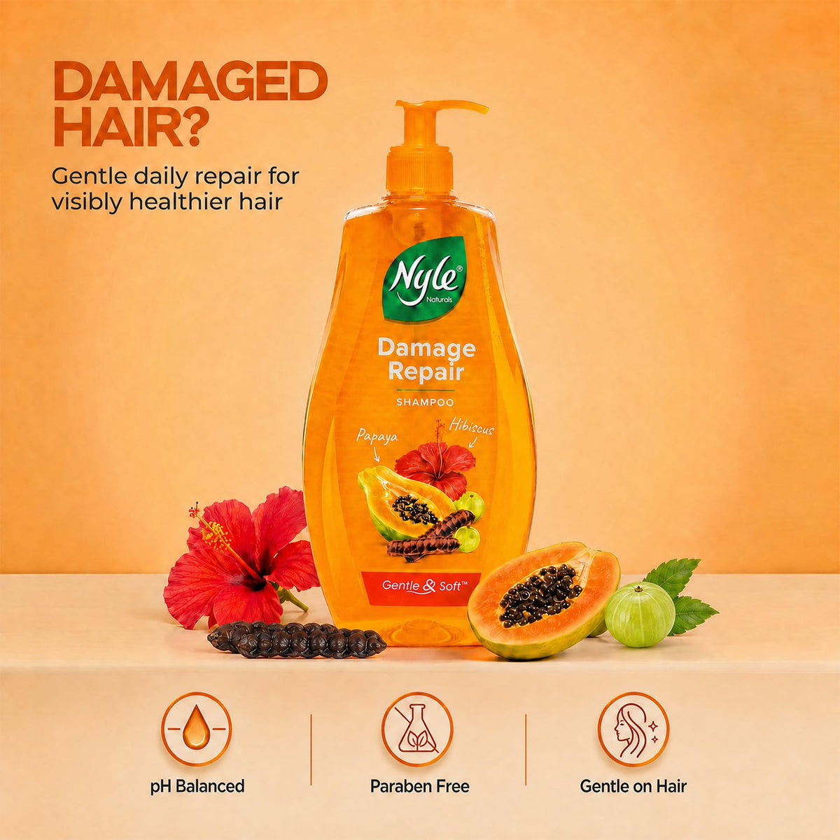 Nyle Naturals Damage Repair Shampoo|Papaya & Shikakai|800ml 800 ml (Pack of 1)