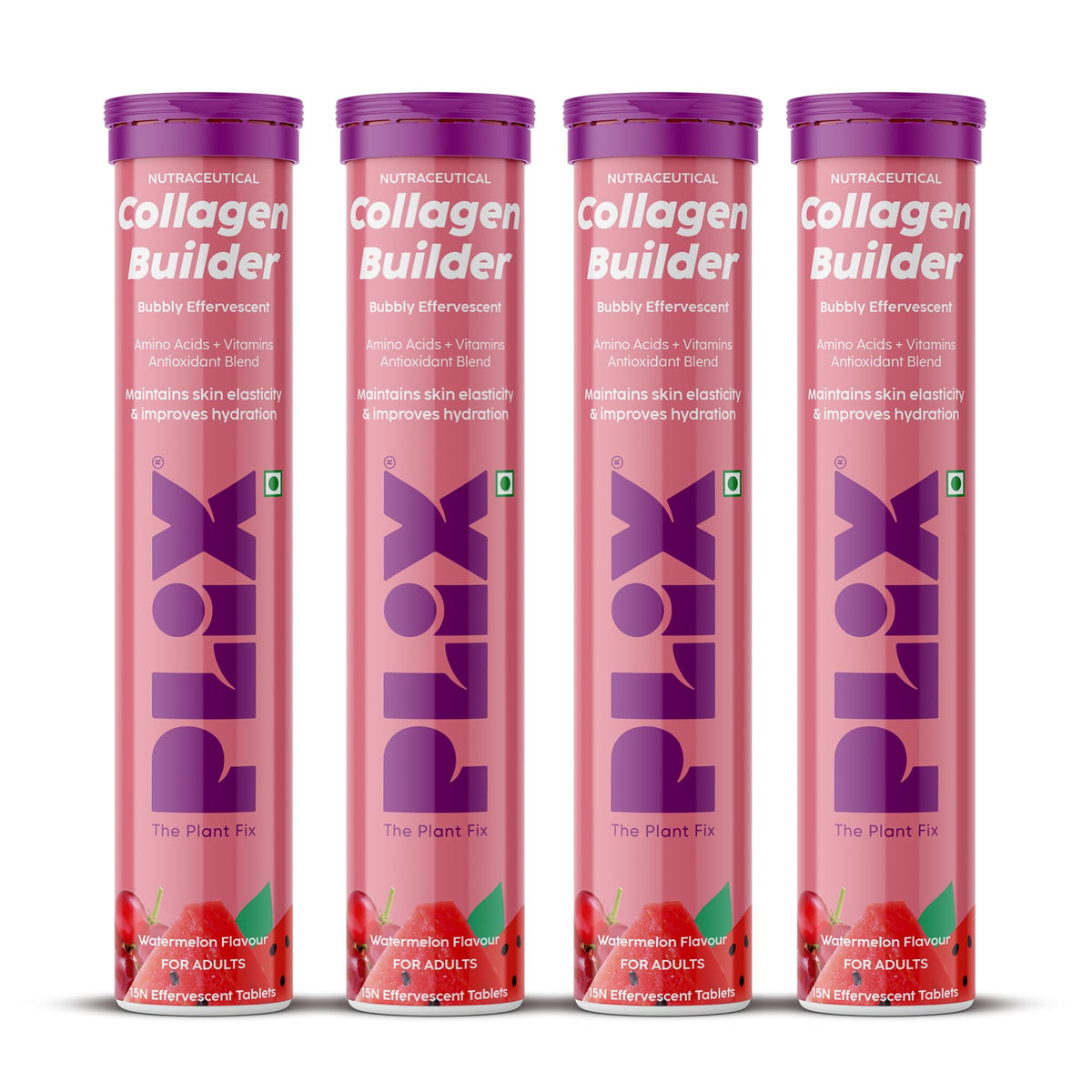 PLIX - THE PLANT FIX Collagen Builder Bubbly Effervescent-15 Capsules (Pack Of 4,Watermelon) For Hydrated Skin & Anti-Aging|Amino Acid Blend For Collagen Produc
