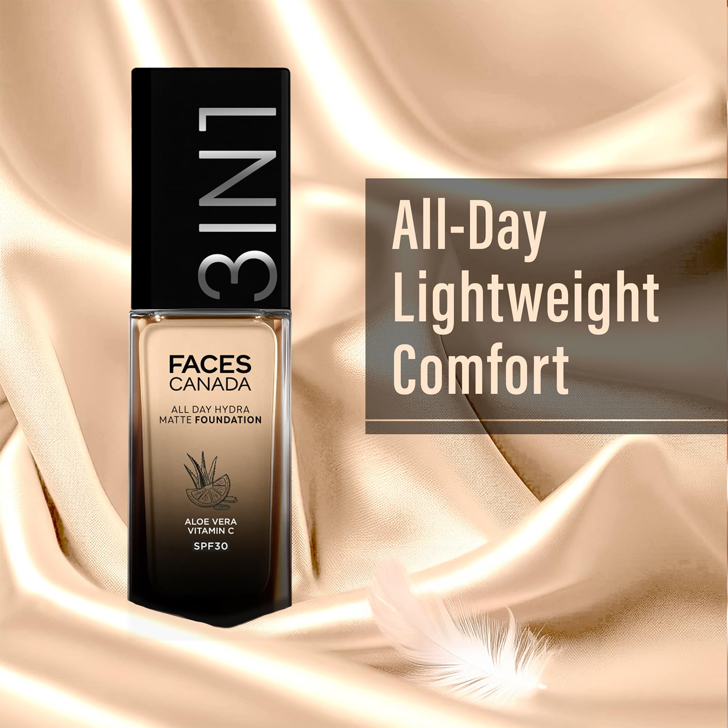 FACES CANADA All Day Hydra Matte Foundation | 3-in-1 Foundation + Moisturizer + SPF 30 | 24 HR Aloe Hydration & Vitamin C | 10HR Long Wear | Medium to High Buildable Coverage | Rose Ivory 011 | 30ml