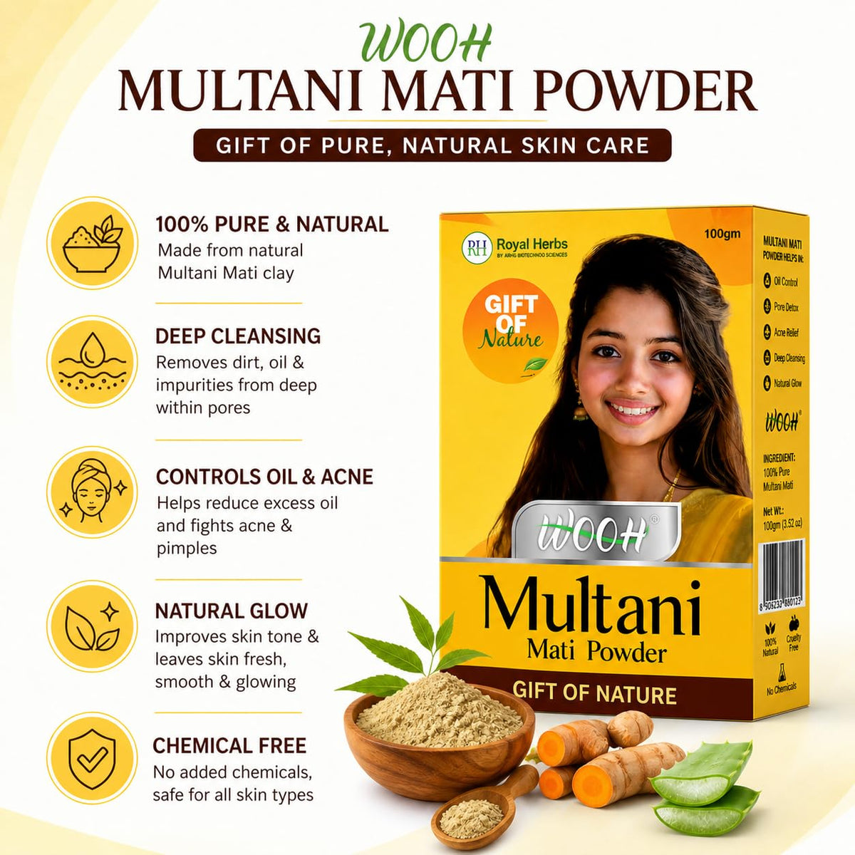Wooh Multani Mitti Powder 100g for Face Pack, Skin Cleansing & Oil Control | Natural Fuller’s Earth for Glowing Skin & Hair Care