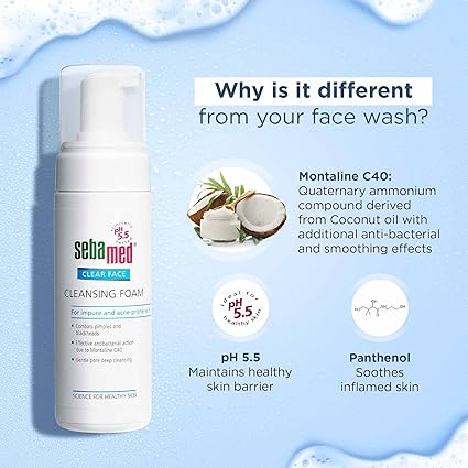 Sebamed Clear Face Cleansing Foam for Acne prone Skin 150 ml I pH 5.5 I Gentle, Effective hydrating cleanser for pimples | Face wash |men & womenl Oil Free l Cl