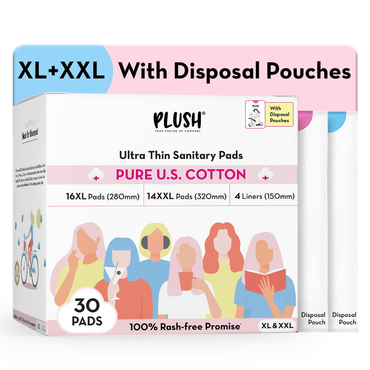 Plush Ultra-Thin Sanitary Napkins for Women, 30 Pcs | 16 XL Pads (Light-Medium Flow), 14 XXL Pads (Heavy Flow), 4Panty Liners | 100% Rash-Free | Pure U.S. Cotto