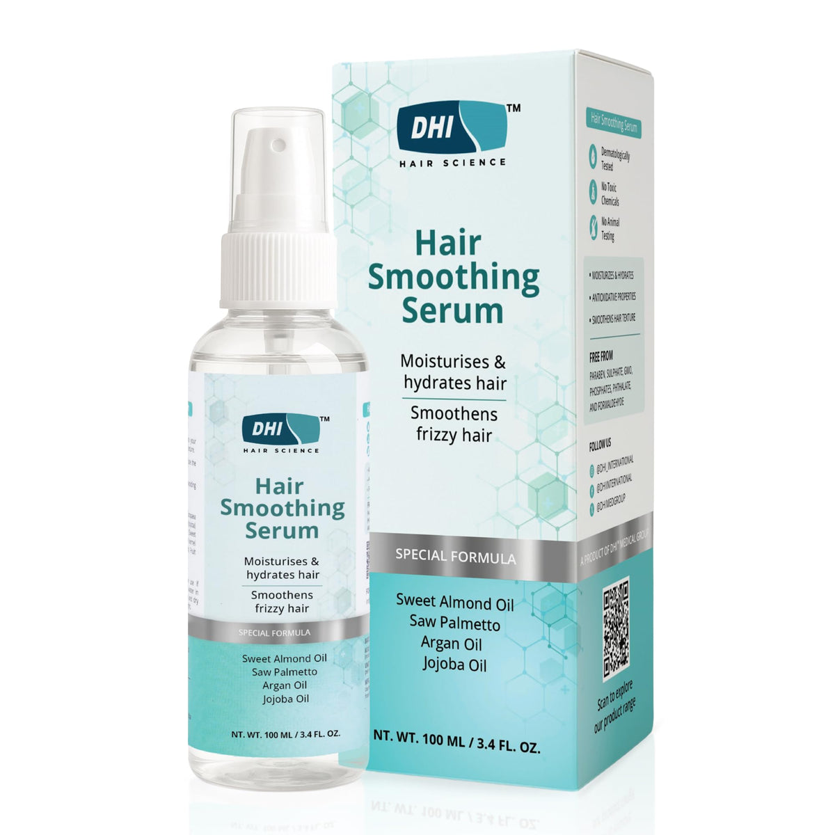 DHI Hair Smoothing Serum For Dry & Frizzy Hair | Moisturises & Hydrates Hair | Smoothness Hair Texture | Enriched with Sweet Almond Oil, Saw Palmetto, Argan Oil