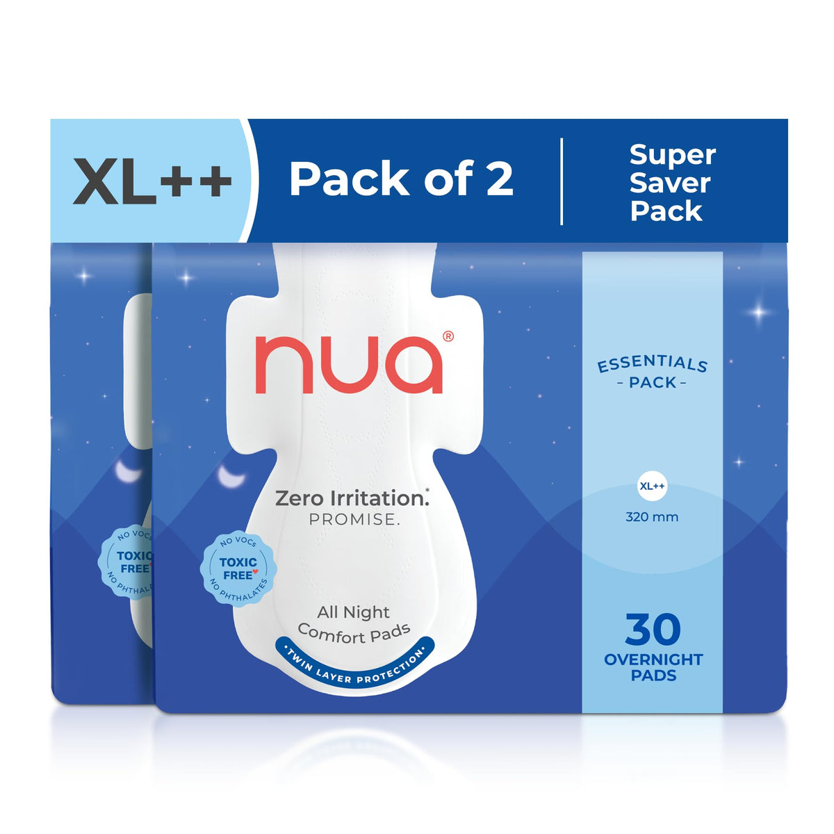 Nua All Night Comfort Sanitary Pads | Pack of 60 (XL++ 320mm) | Twin Layer Protection | 50% Wider Back and Anti Stain Wings | Upto 10 hours of Absorption | Supe