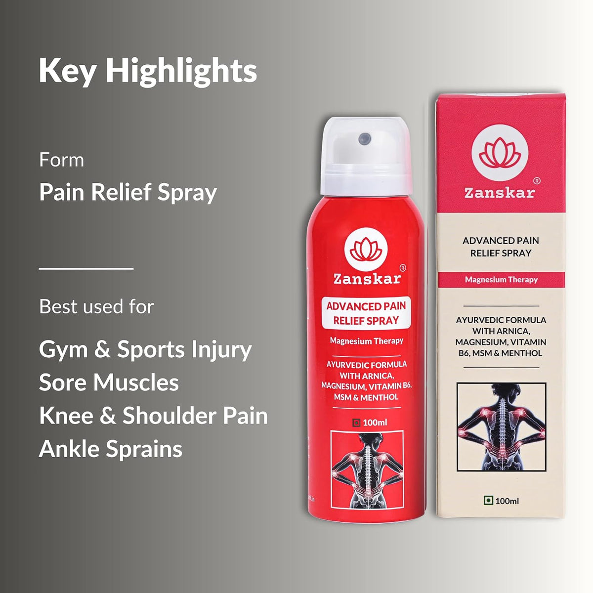 Zanskar Advanced Pain Relief Spray | Fast Action for Sore Muscles, Sports Injuries, Knee Pain, Sprains, Swelling | Cryotherapy Formula - Magnesium, Menthol, Vit