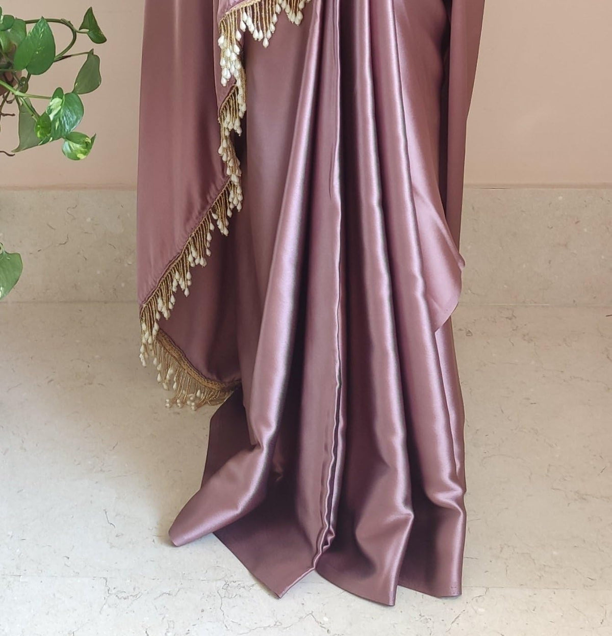 Women's Ready to Wear Rose Gold Satin Silk 1 Minute Pre Pleated Indian Saree With Unstiched Blouse