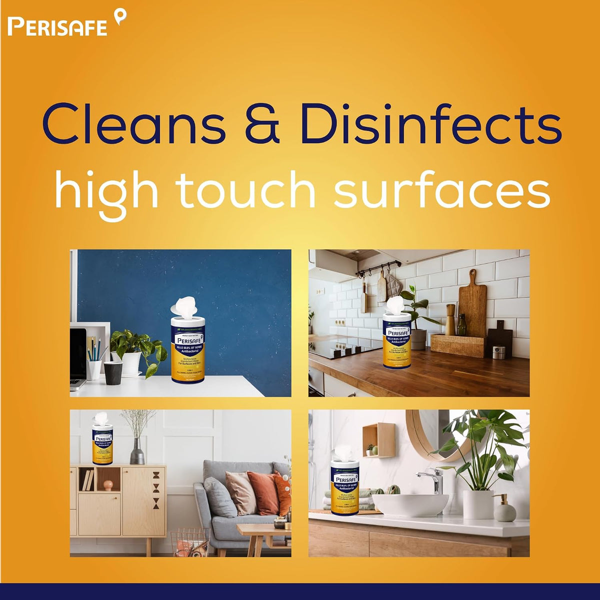 PERISAFE Multipurpose Disinfectant Wipe For Surfaces & Skin-100 Wipes | 100% Biodegradable Wipes | Antibacterial | 2-IN-1- Kills Germs & Cleans Tough Messes 1 c