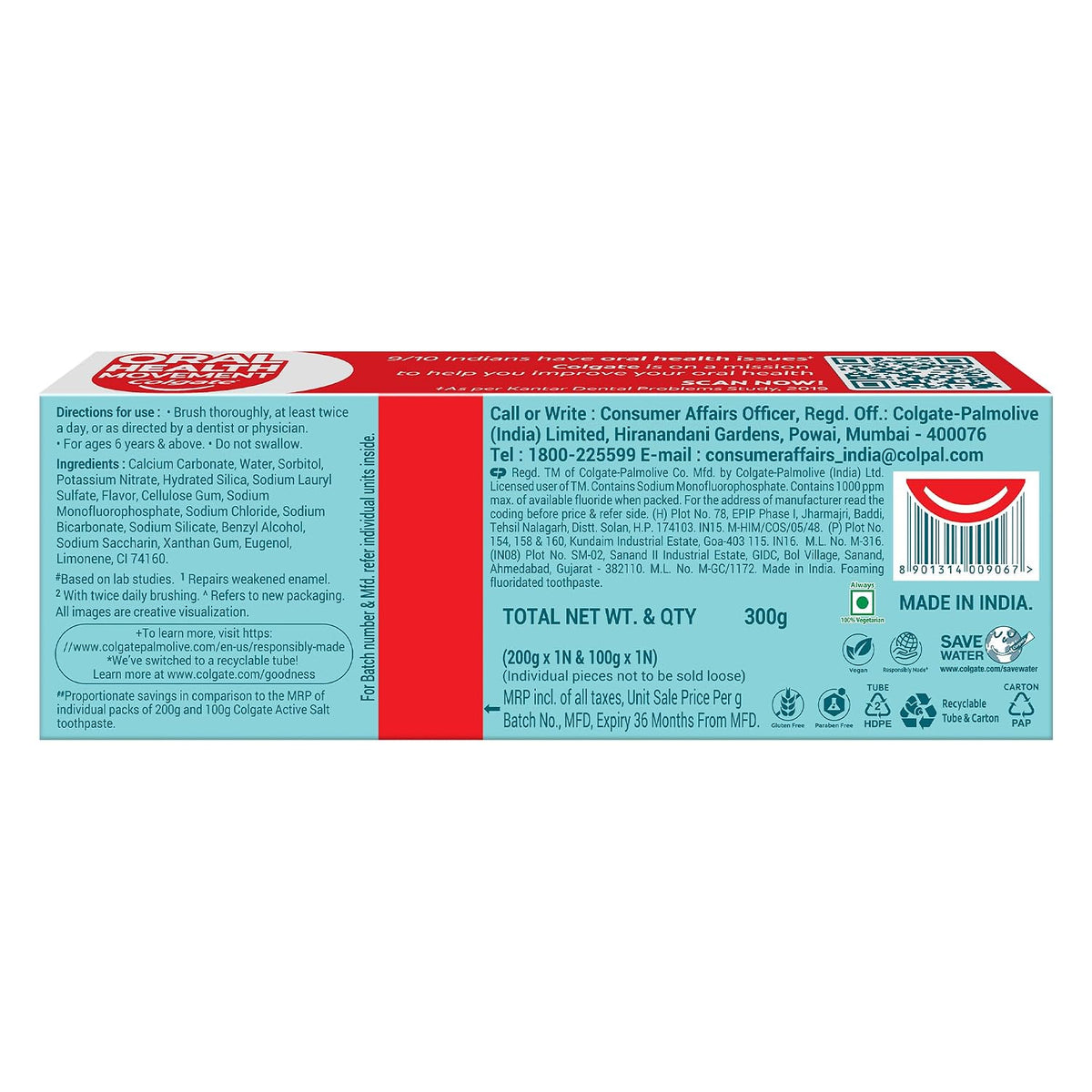 Colgate Active Salt Toothpaste, Germ Fighting Toothpaste for Healthy Gums and Teeth, Tooth Decay Prevention, Gum Protection, Eliminates Bad Breath, Plaque Remov