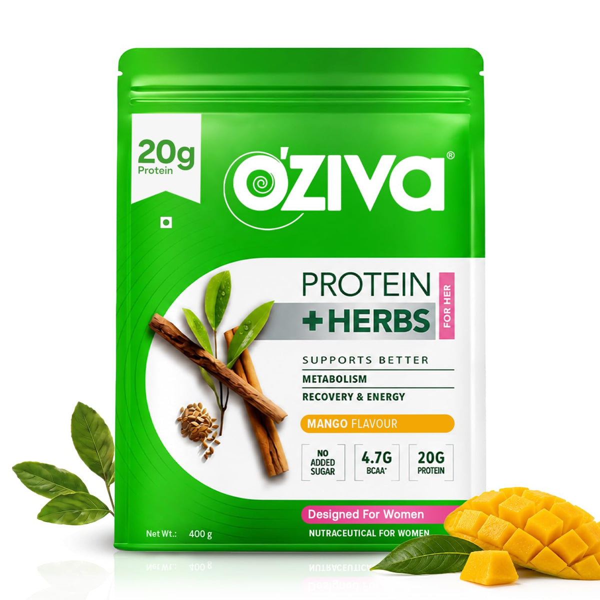 OZiva Protein & Herbs for Women, No Added Sugar, Green Tea, Mango, 453g Starter Pack