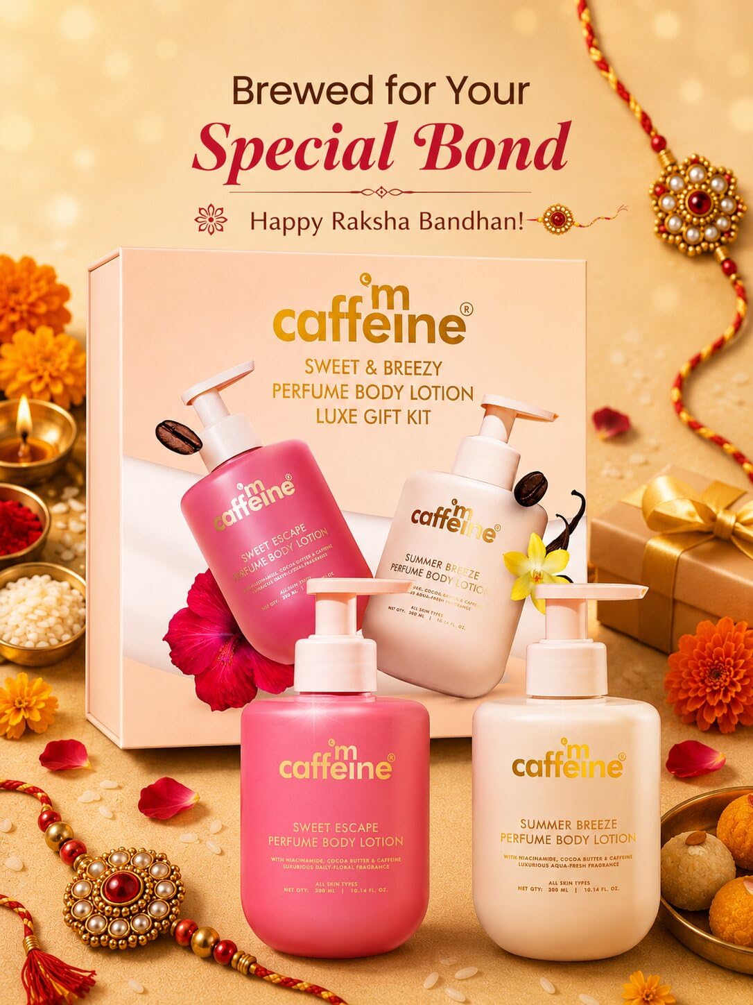 mCaffeine Perfume Body Lotion Gift Kit - Sweet & Breezy Luxe Body Care | Rakhi Gift Kit for Women & Men | Deeply Moisturizes with Niacinamide & Cocoa Butter | P
