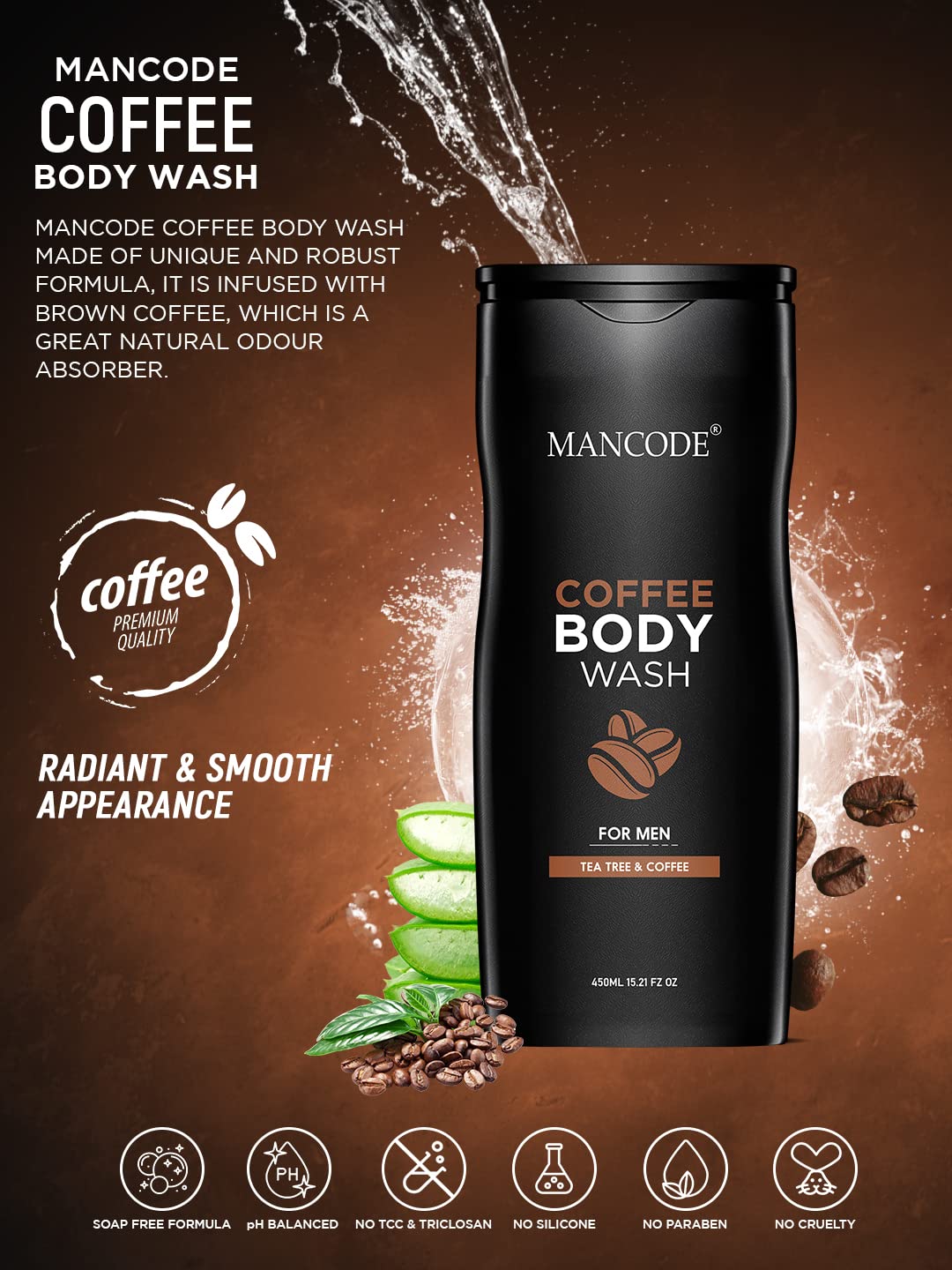 MAN CODE Coffee Body Wash For Men 450Ml | For Body, Face With Coffee And Natural Oils Extract | Oil Control | Odor Protection | 450 Ml Shower Gel For Men (Pack