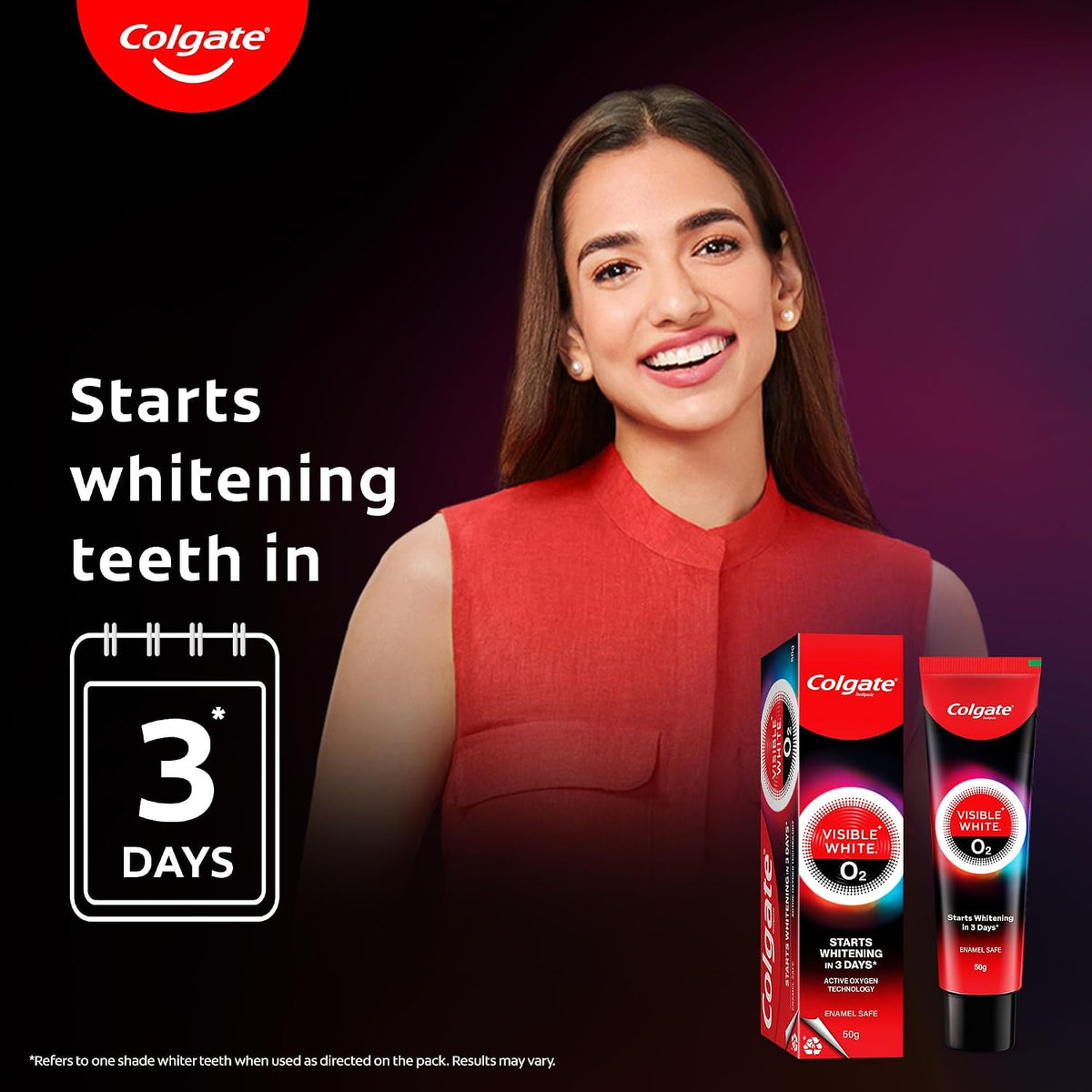 Colgate Visible White O2, Teeth Whitening Toothpaste (50g) for noticeably whiter teeth starting in 3 days with Active Technology, Enamel Safe Teeth Whitening &