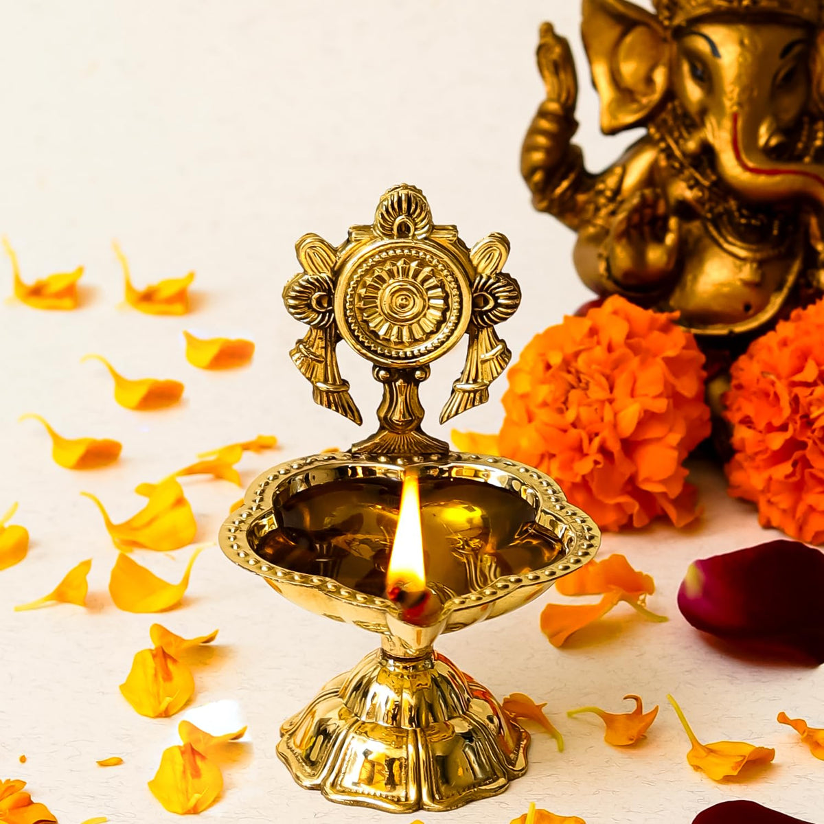 Klassic 4.5 Inch Swastik Akhand Diya with Borosilicate Glass Shade | Pure Brass Oil Lamp for Mandir, Daily Puja, Pooja Room, Diwali, Prayer, Wick Holder Festive