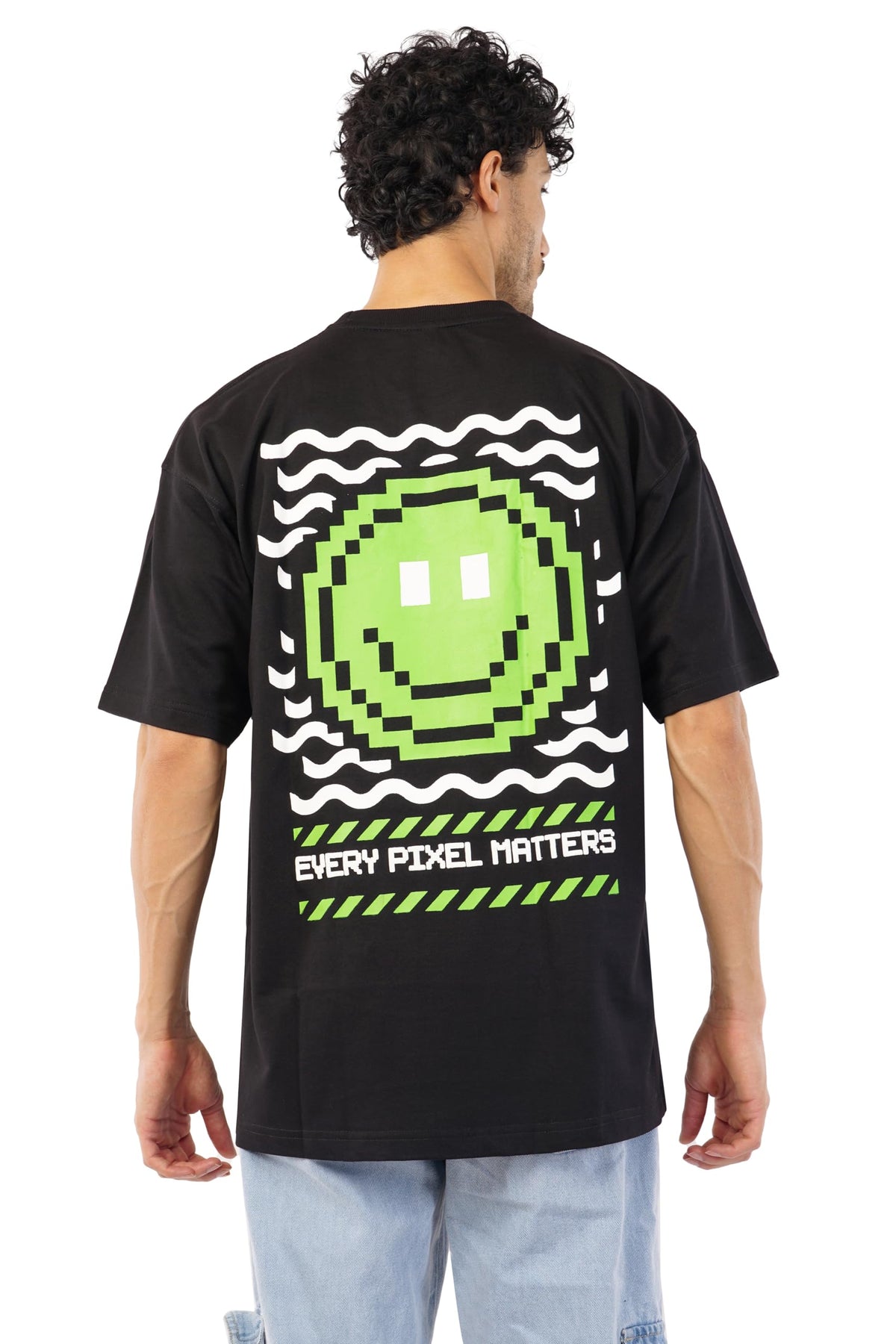 NERTZ Men's Oversized Streetwear T-Shirt Graphic Print | Relaxed Fit Cotton Tee | Half Sleeve Black Crewneck Tshirt for Casual & Urban Wear Pixel XL