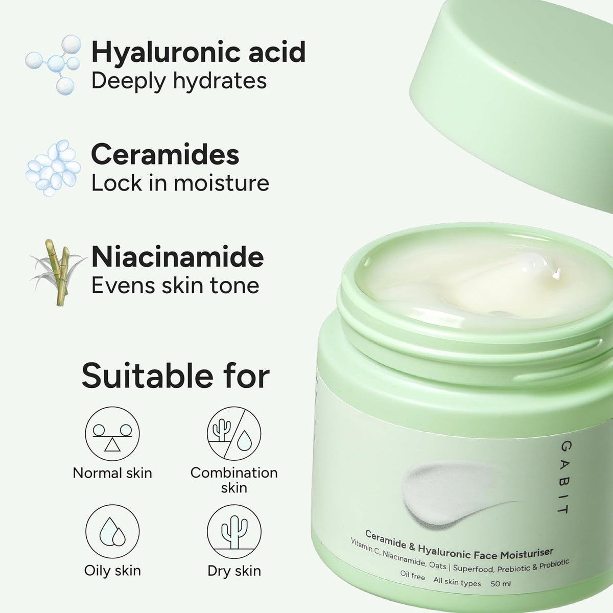 Gabit Ceramide & Hyaluronic Face Moisturiser | Lightweight Moisturizer to Hydrate & Brighten Skin | With Vitamin C, Niacinamide, Oats | For Women and Men | Oil