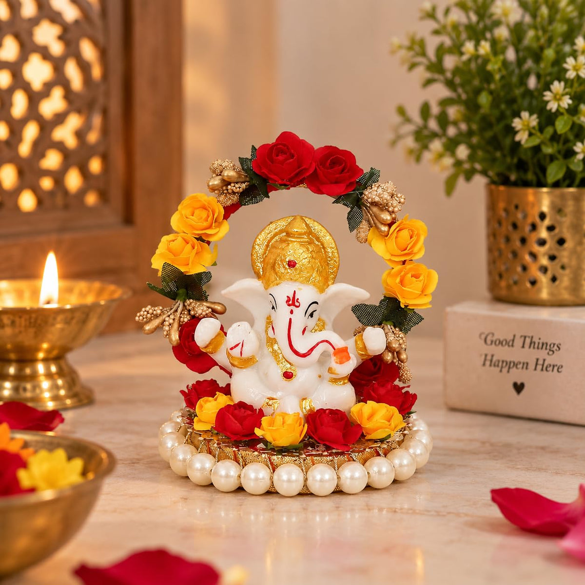 eCraftIndia Resin Lord Ganesha Idol On Decorative Rose Flower Plate| Ganesha Idol for Home Decor Car Dashboard| Ganesha Statue| Ganesh Murti| Ganpati Murti God