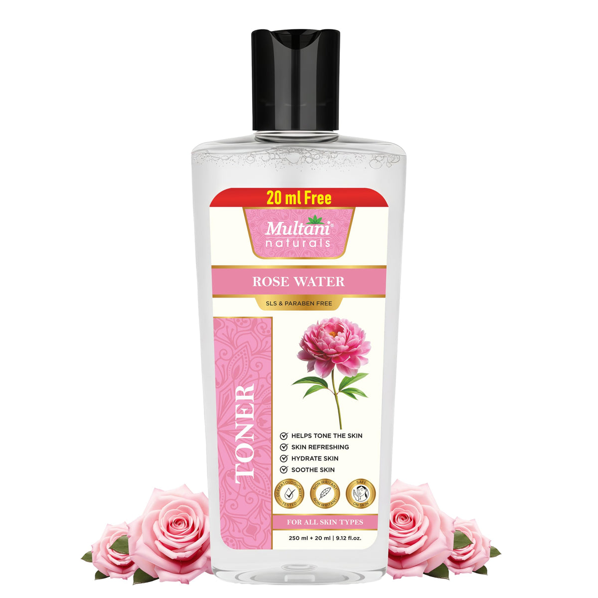 Multani Naturals Rose Water Face Toner 270 ml | For Oily, Acne Prone, Dry Skin | Pore Tightening & Glowing Skin | Fades Blemishes, Brightens & Smoothens | For W
