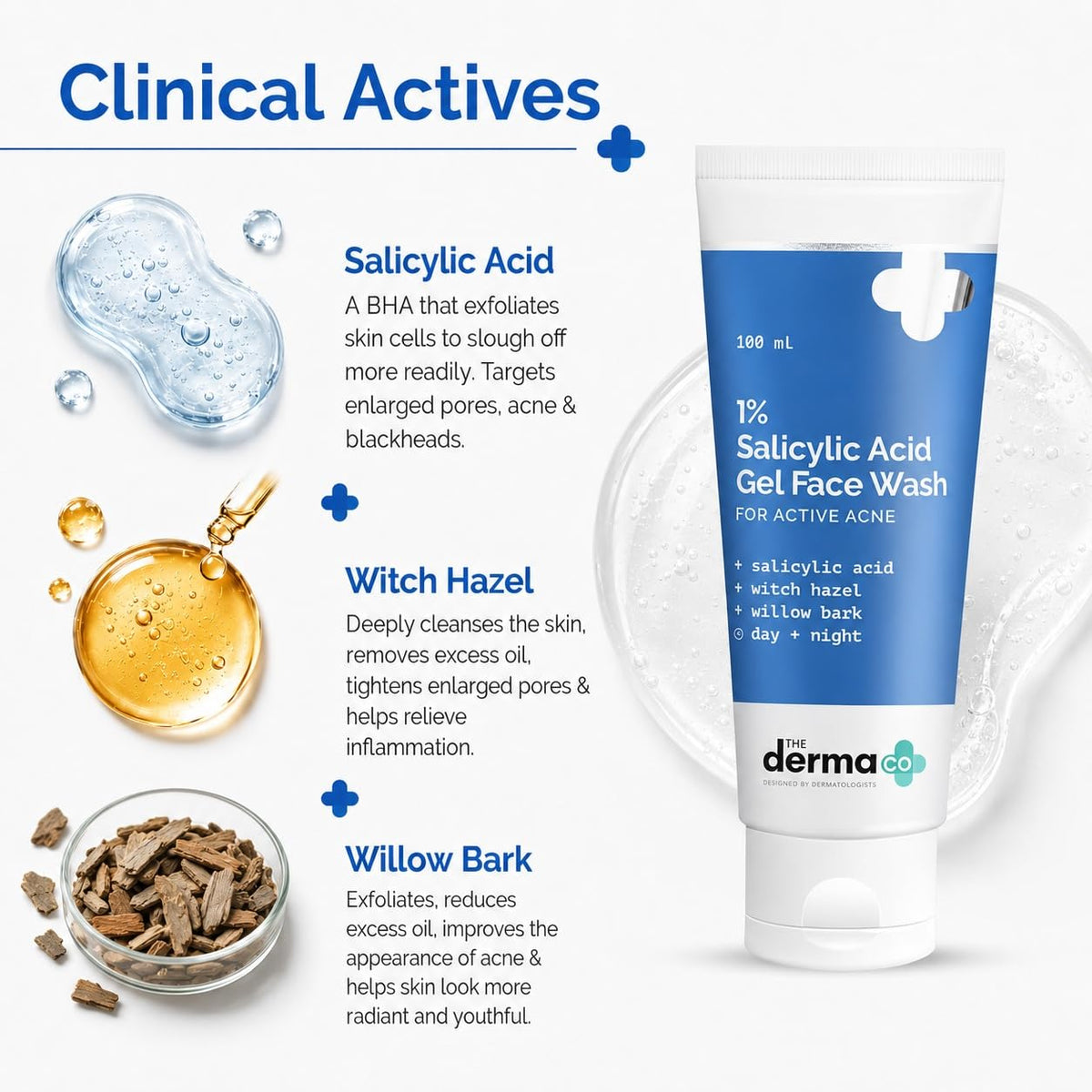 The Derma Co 1% Salicylic Acid Gel Face Wash with Salicylic Acid & Witch Hazel for Active Acne - 100 ml 100 ml (Pack of 1)