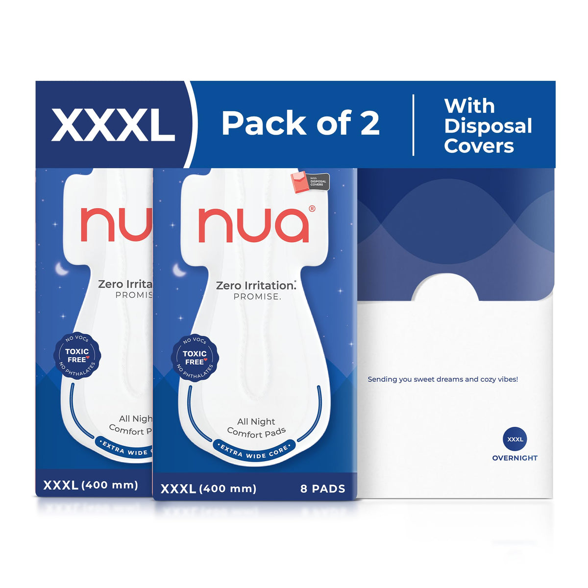 Nua All Night Comfort Sanitary Pads | Pack of 16 (XXXL 400mm) | Extra Wide Core | Front to Back Coverage | Upto 12 Hours of Absorption | Super Soft and Breathab