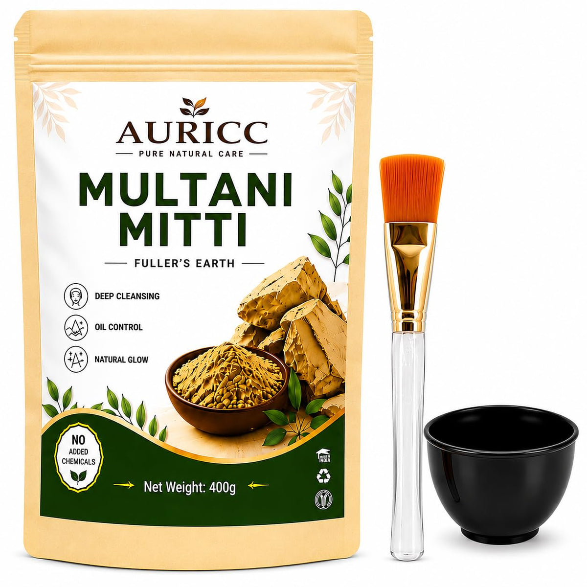 Multani Mitti Powder for Skin and Hair | Multani Mitti with Bowl and Brush | Natural Fullers Earth Face Pack for Oily & Acne Prone Skin 400g