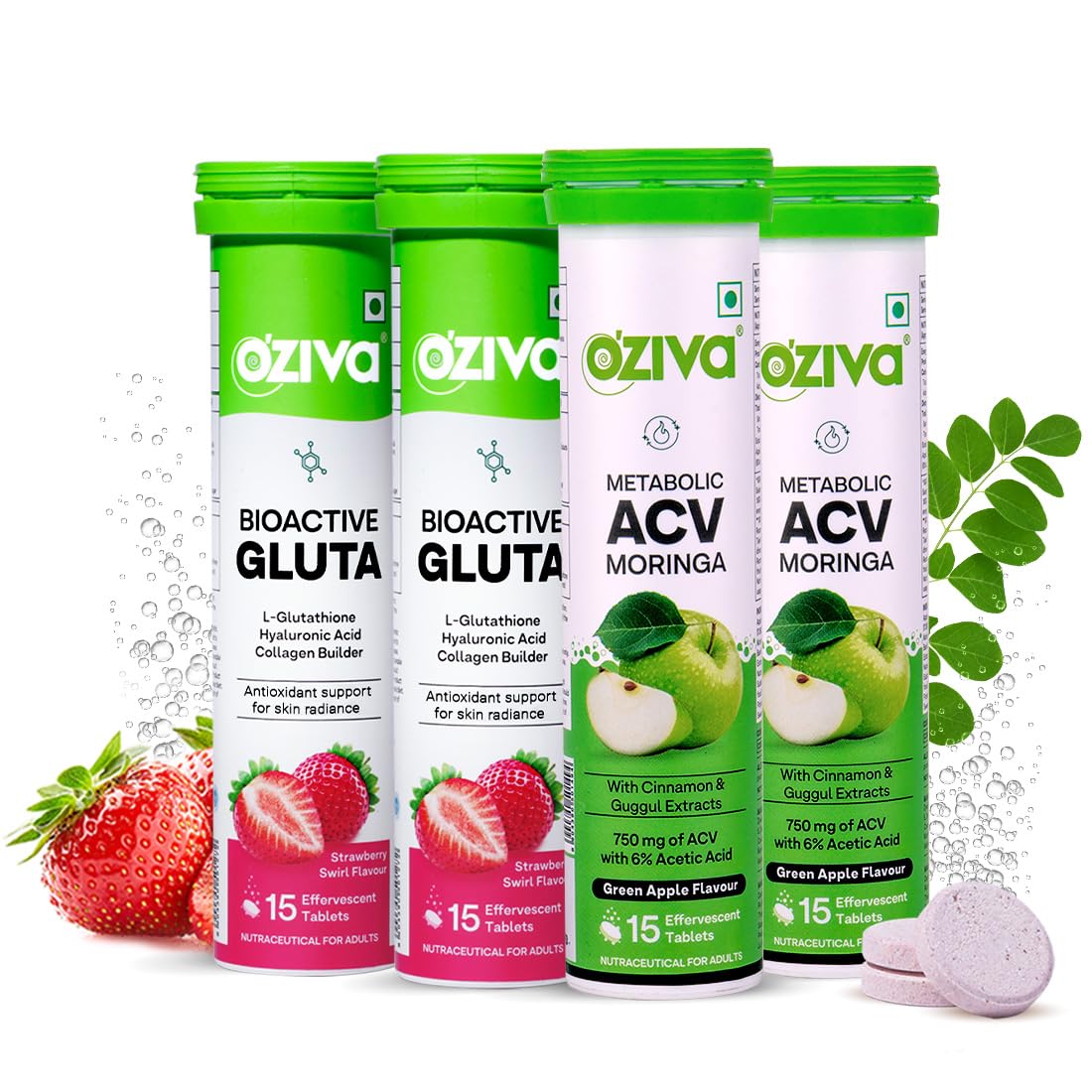 OZiva Glutathione + ACV Moringa Tablets, for Radiant Skin, Pack of 2