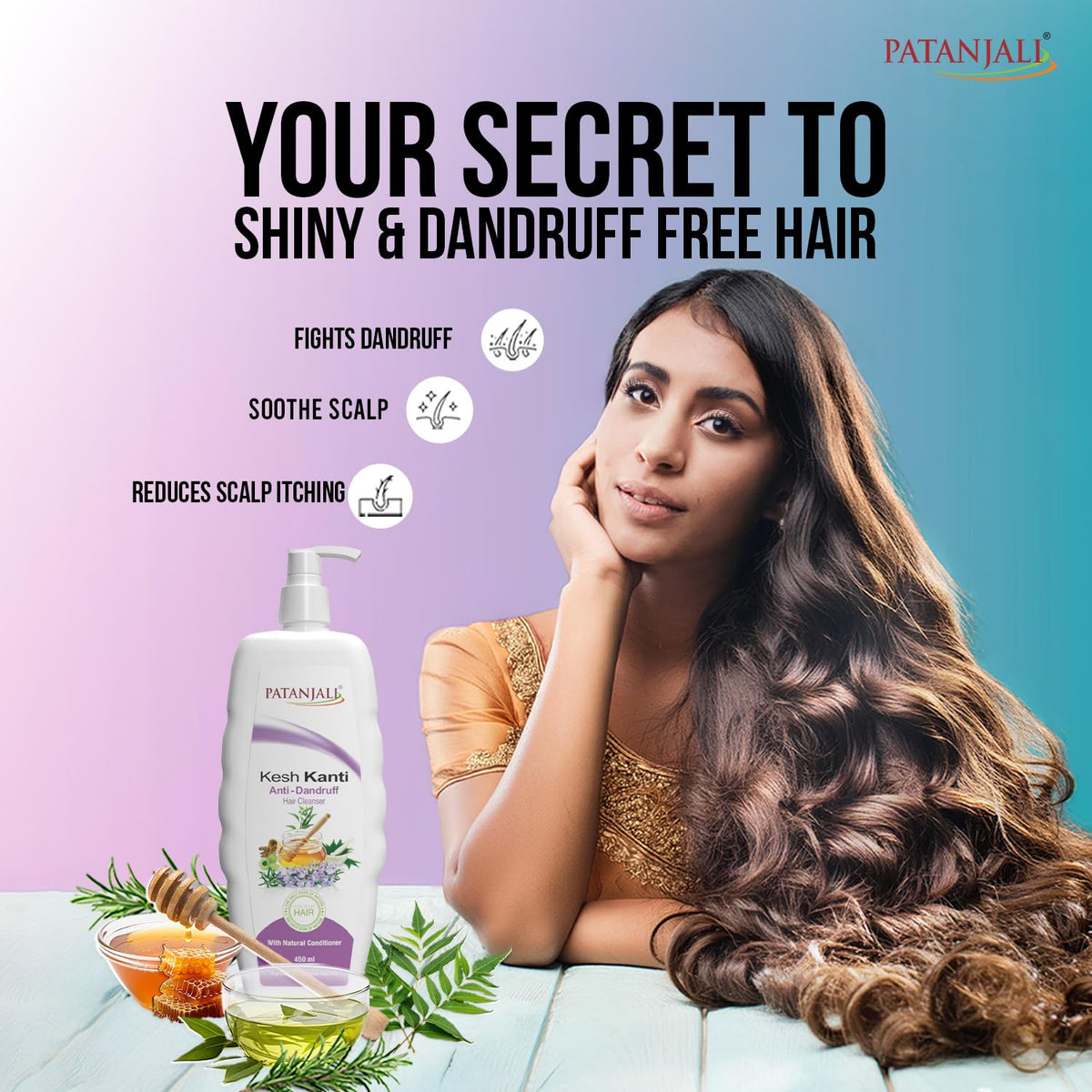 Patanjali Kesh Kanti Anti-Dandruff Shampoo 450ml, Herbal Hair Cleanser for Dandruff Control (Pack of 2)