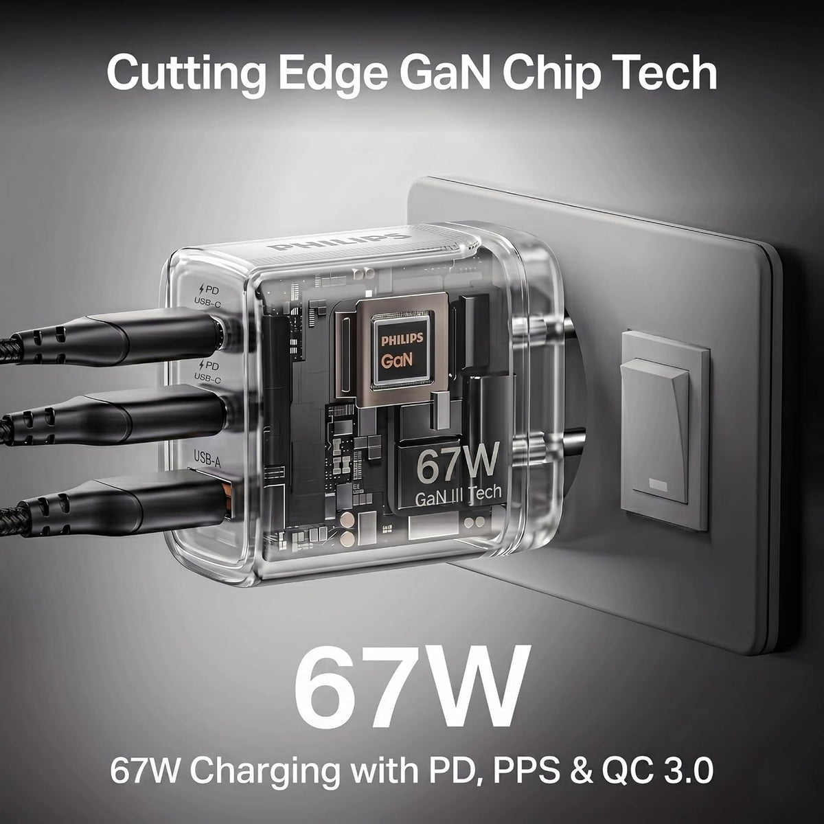 Philips DLP6331CW/94 Gen III Tech 67W Fast Charging Wall Charger (Alba White) | 2 USB-C PD + 1 USB-A | 3-Port Multi-Device Charger for Laptop, Smartphone, Table