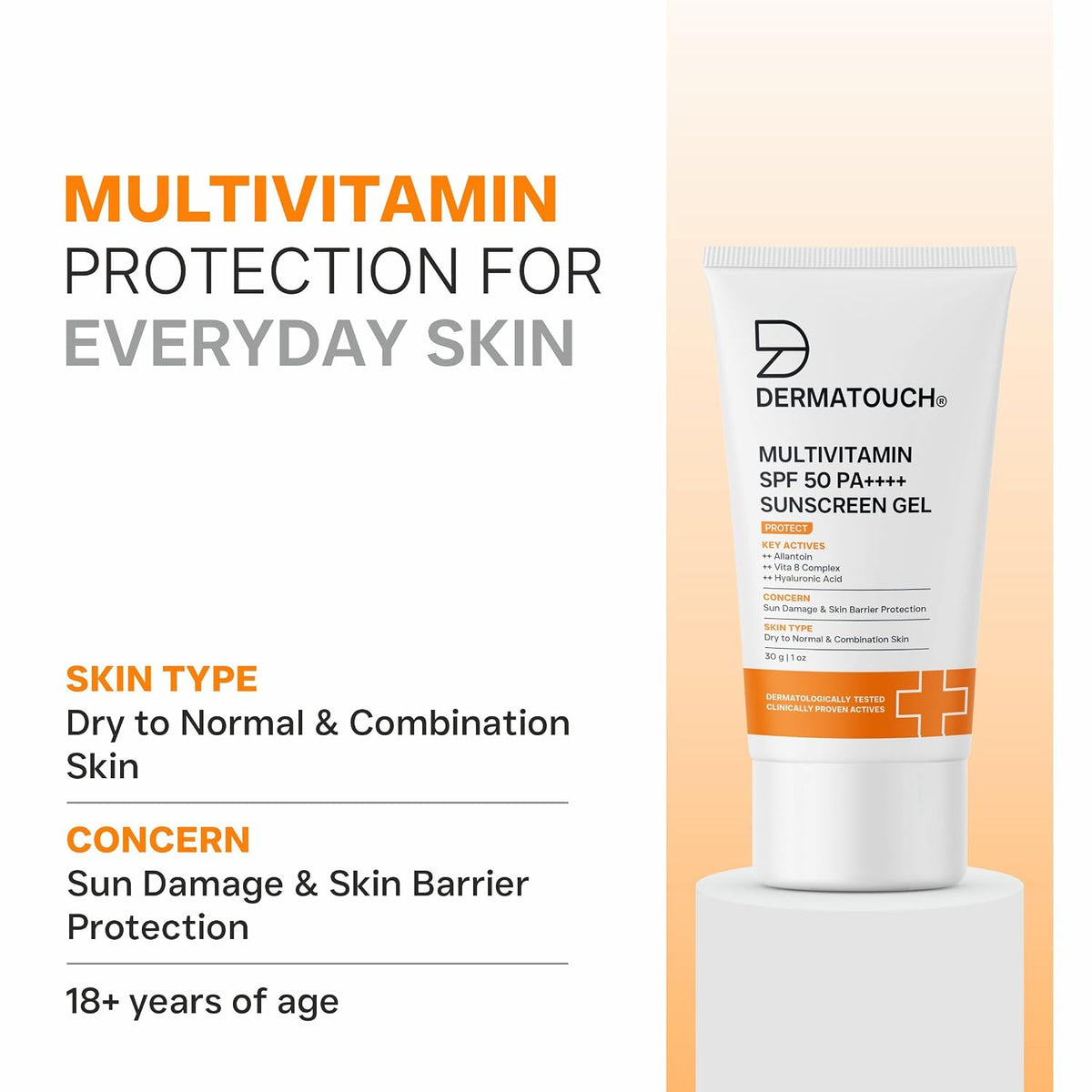 DERMATOUCH Multivitamin SPF 50 PA++++ Sunscreen Gel | Broad Spectrum UVA-UVB Protection | Zero White Cast | Helps Reduce Sun Damage & Skin Barrier Protection |
