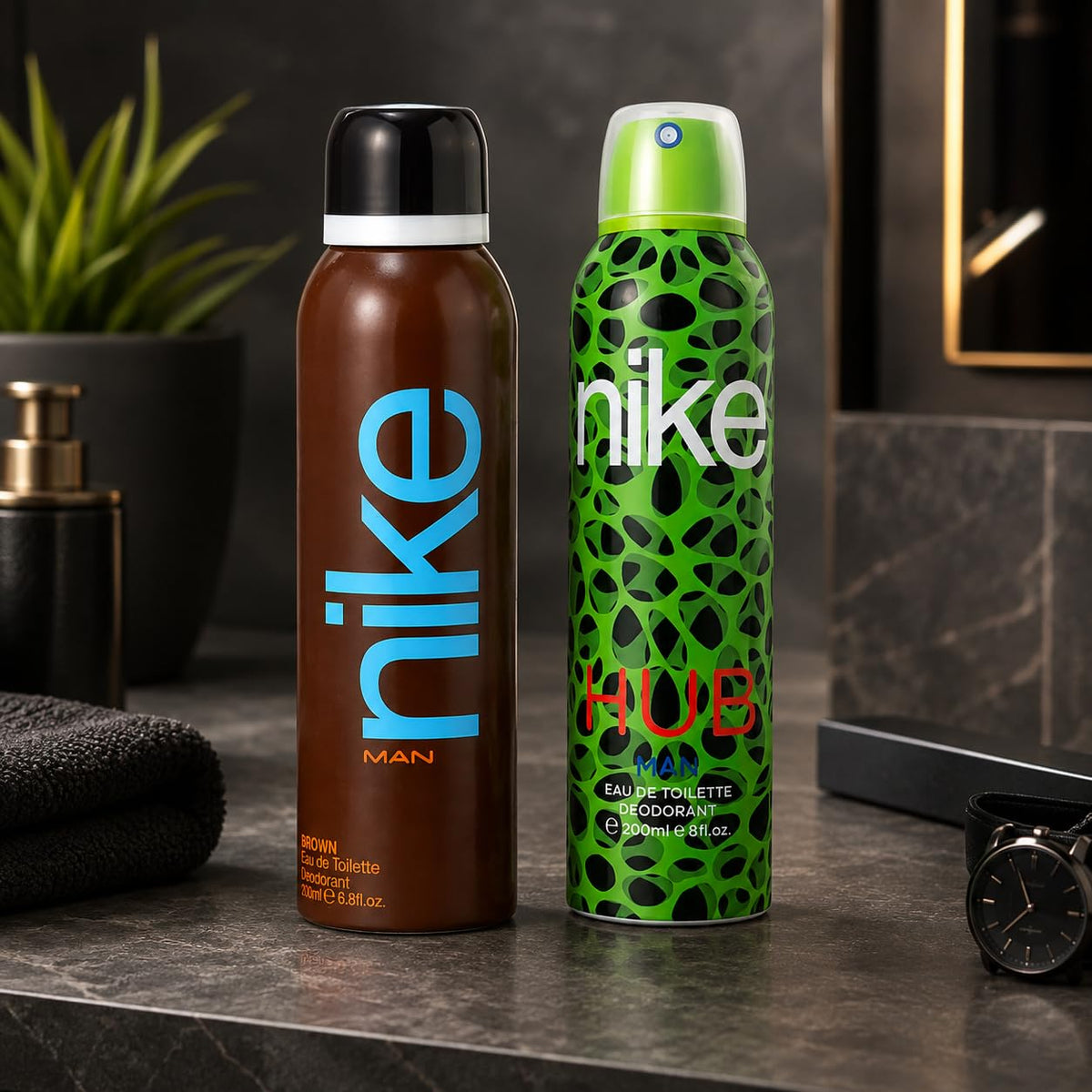 Nike Eau De Toilette Deodorant for Men - Combo pack of 2, Deos for Boys and Men, Sporty and Regular use deos (200ml*2) (Brown + Hub Green) Brown + Green