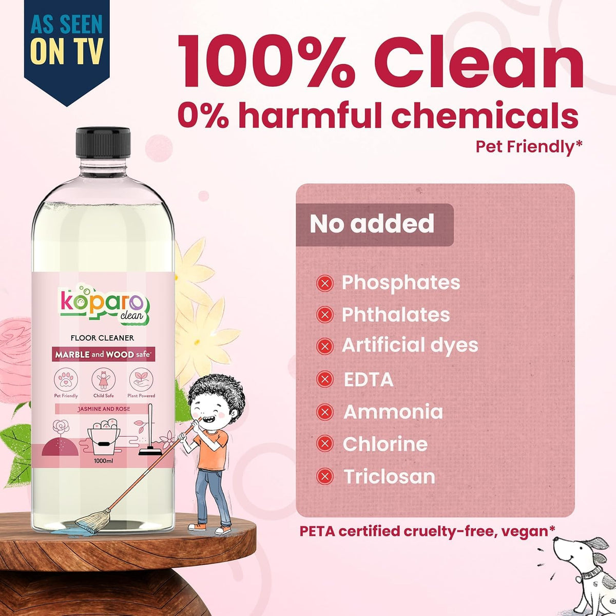 Koparo Natural Disinfectant Surface & Floor Cleaning Liquid | 1 Litre | Plant-Based Non-Toxic Germ Kill Formula | Jasmine Freshness | Safer Than Phenyl | Kids S