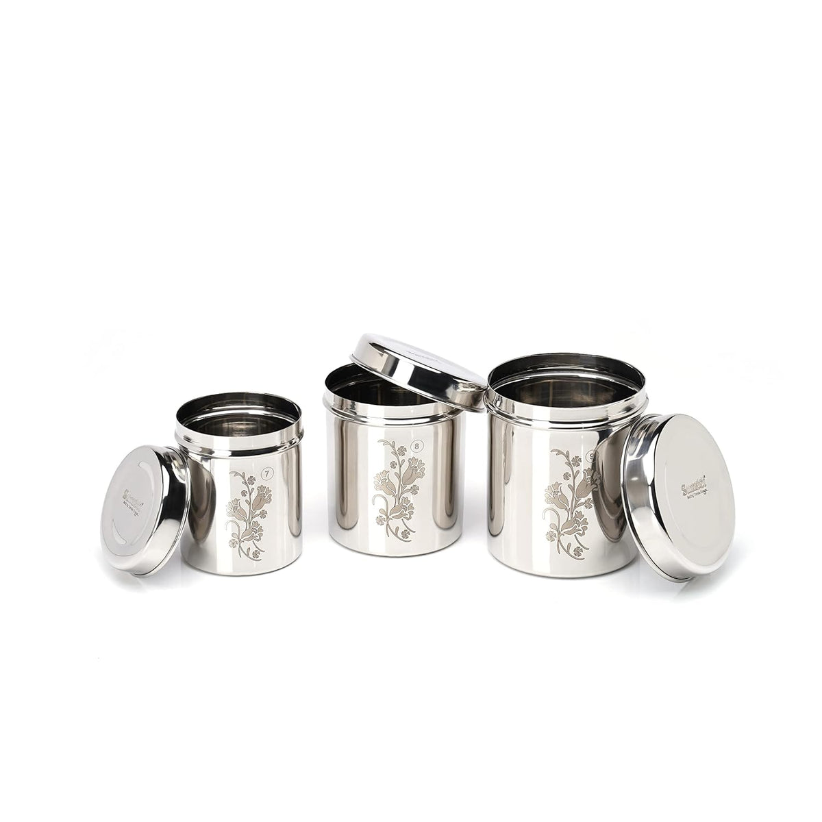 Sumeet Designer Stainless Steel Vertical Canisters/Ubha Dabba/Storage Containers Set of 3Pc (400ml,500ml,750ml), Silver