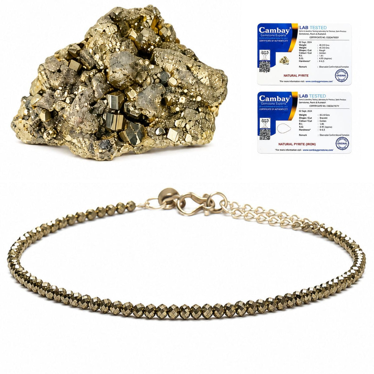 Pyrite Anklet for Women | Certified Natural Crystal Anklet | Adjustable Healing Crystal Jewellery | Wealth, Luck, Protection | Includes Free Raw Pyrite Stone (4