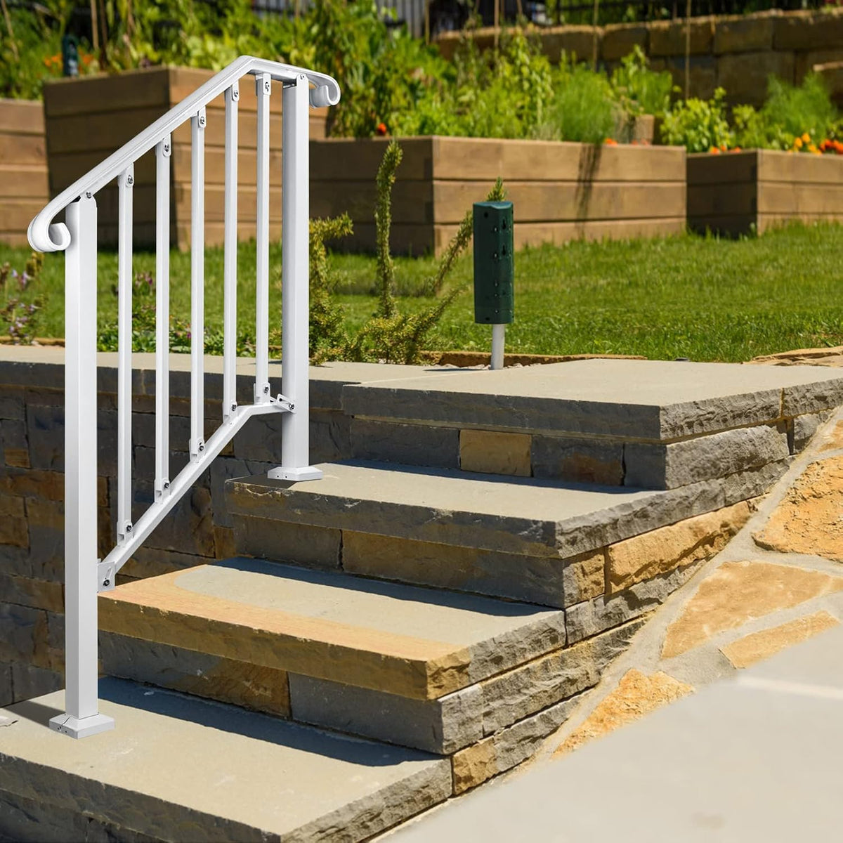 Adjustable Handrails for Outdoor Steps, Handrail Picket #2 Hand Rails for Outdoor 2 or 3 Steps, Mattle Wrought Iron Handrail, Stair Rail with Installation Kit f