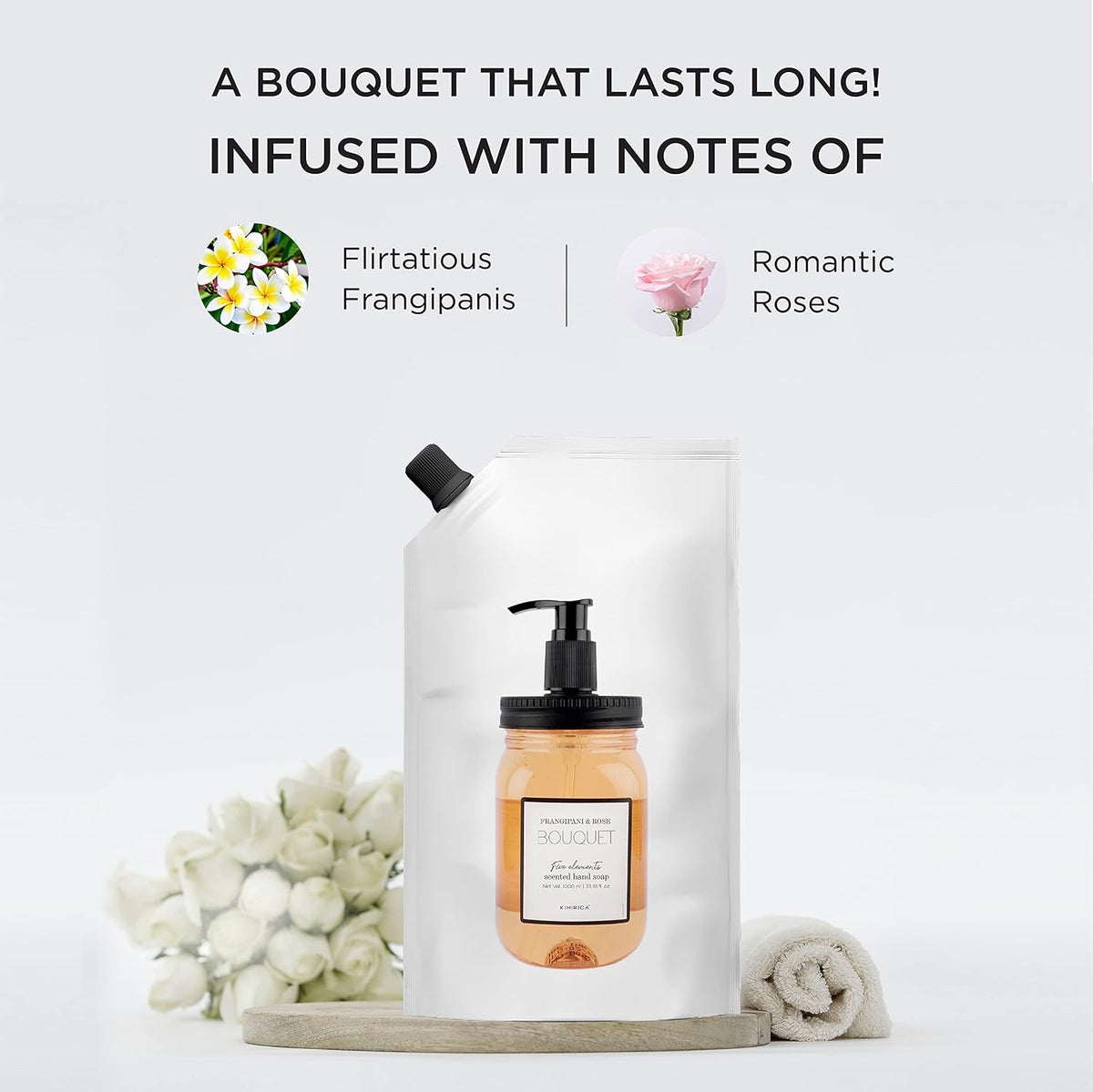 Kimirica Bouquet Foaming Liquid Hand Wash Refill Pack with Goodness of Frangipani and Rose, 100% Vegan & Paraben Free Moisturizing Hand Wash | Soft on Hands (1L