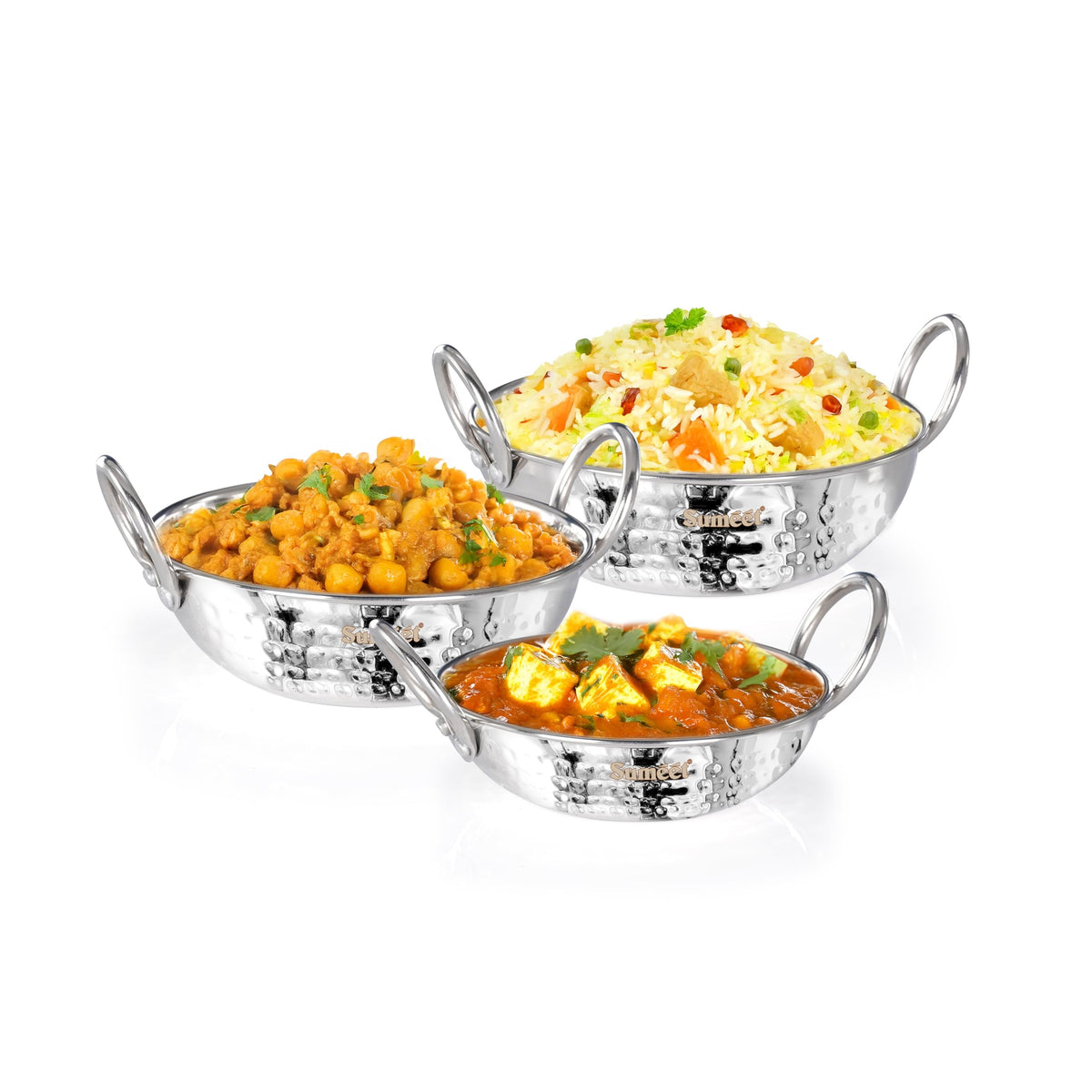 Sumeet ISI Certified Stainless Steel Mini Kadhai for Serving, Tadka - Hammered Kadai, Induction and Gas Stove Friendly, Small Size (Set of 3Pc, 350ml, 550ml, 75