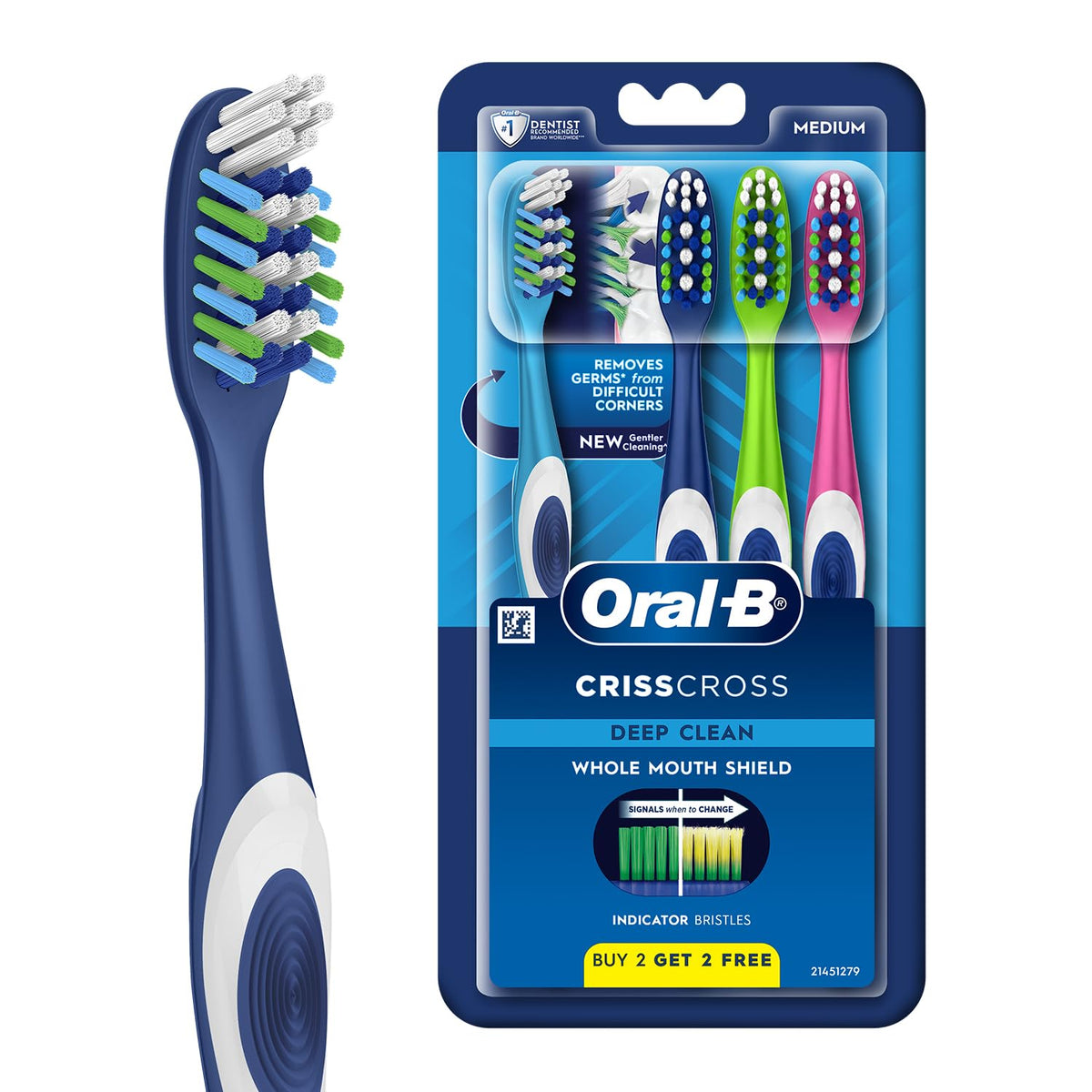 Oral-B Criss Cross Deep Clean Medium Bristles Manual Toothbrush For Adults,Tongue Cleaner, Multicolour Tooth Brush Set, Oral B Dentist Recommended Brand (Family