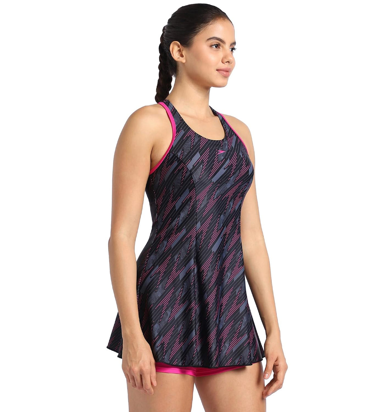 Speedo Women's Endurance Hyperboom Printed Racerback Swimdress with Boyleg - Black & Electric Pink