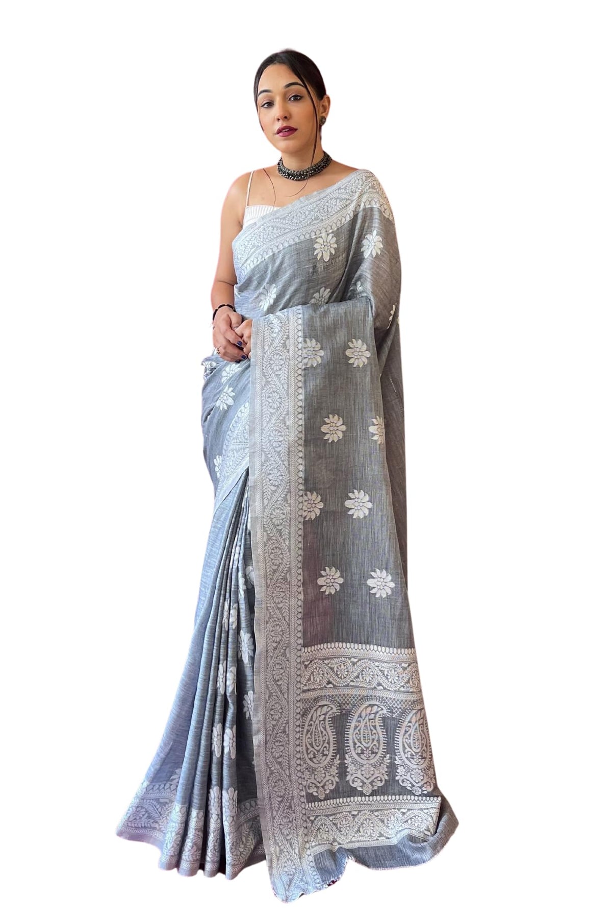 SGF11 Women's Kanjivaram Soft Cotton Linen Silk Saree With Blouse Piece Gray