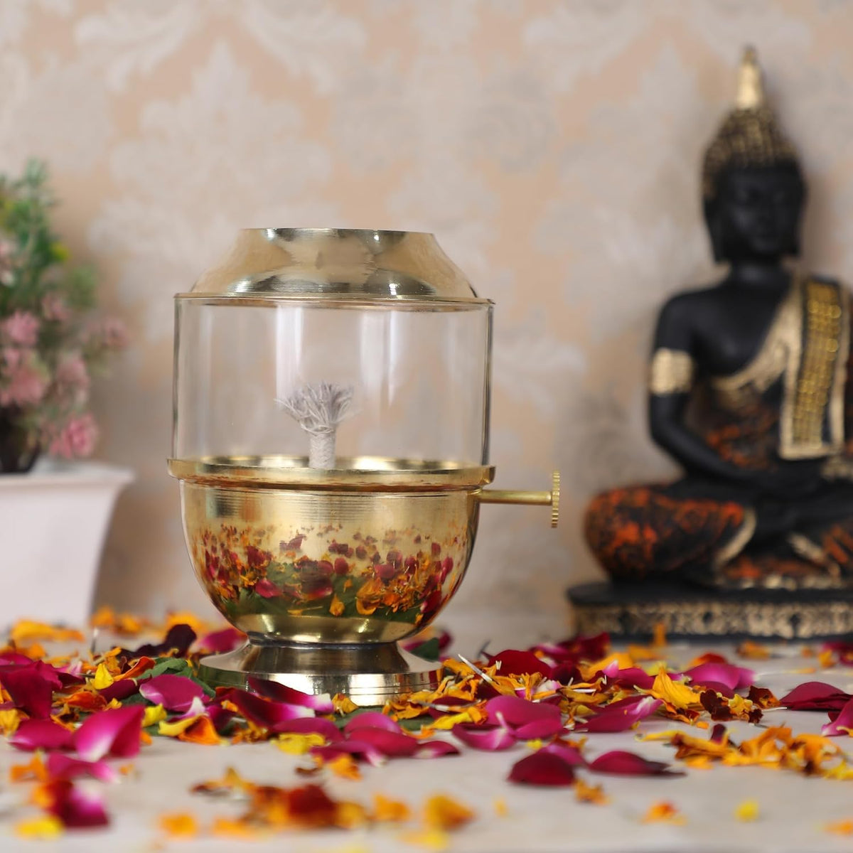 KBV Brass Akhand Jyoti Diya with Wick Adjustable Bati Knob & Borosilicate Glass Cover 250 ml Oil Capacity, Burns Up to 48 Hours, Includes Wick