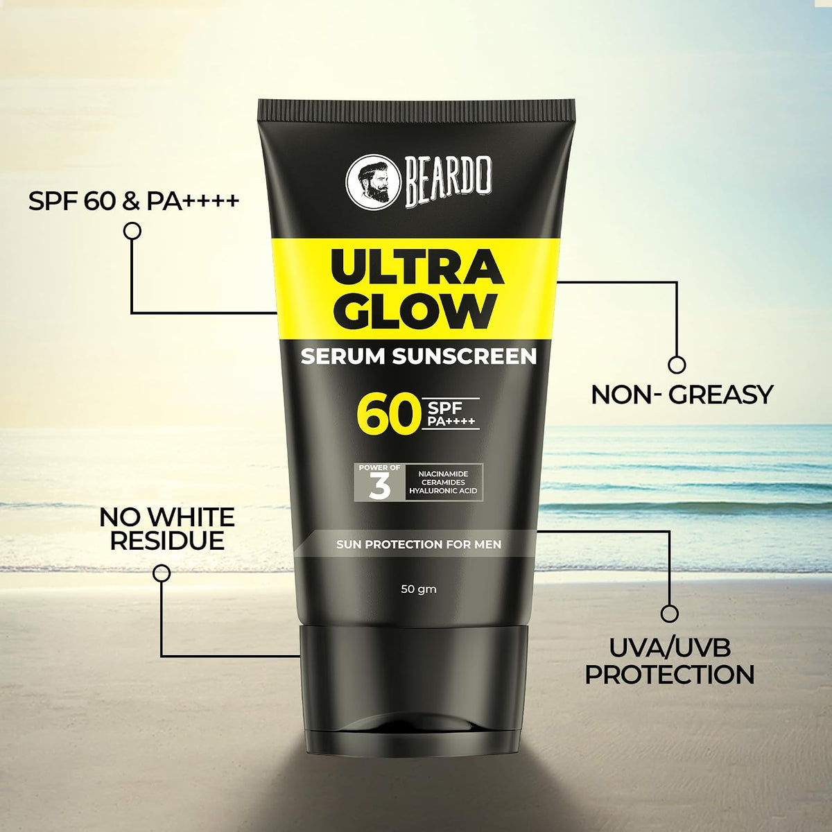 Beardo Ultra Glow Serum Sunscreen SPF 60 PA++++| UVA/UVB Protection | No White Cast | Ultra Lightweight 3 in 1 with Niacinamide, Ceramides & Hyaluronic Acid | N